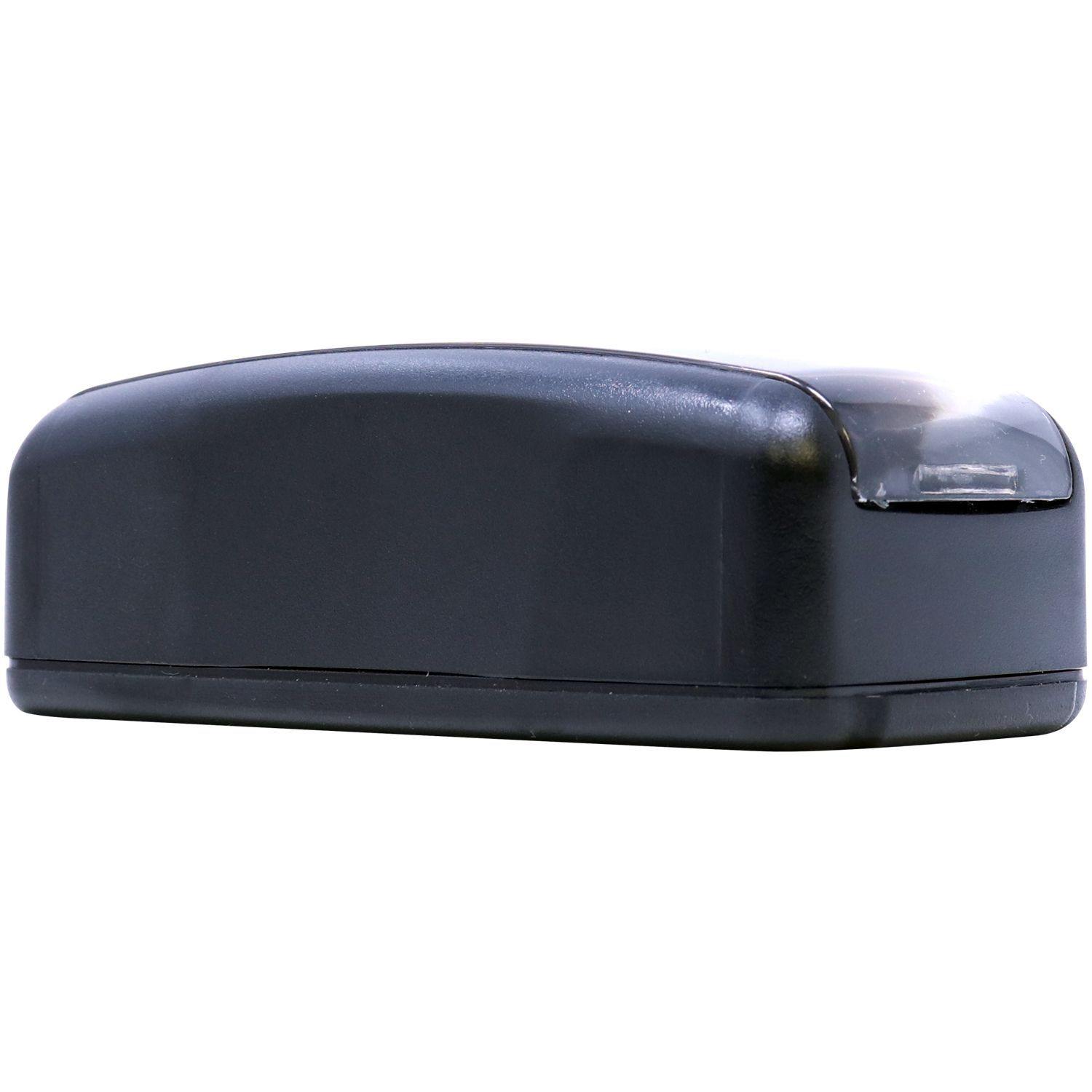 Black Slim Pre-Inked Superceded Stamp with a sleek, compact design, shown from the back side against a white background.