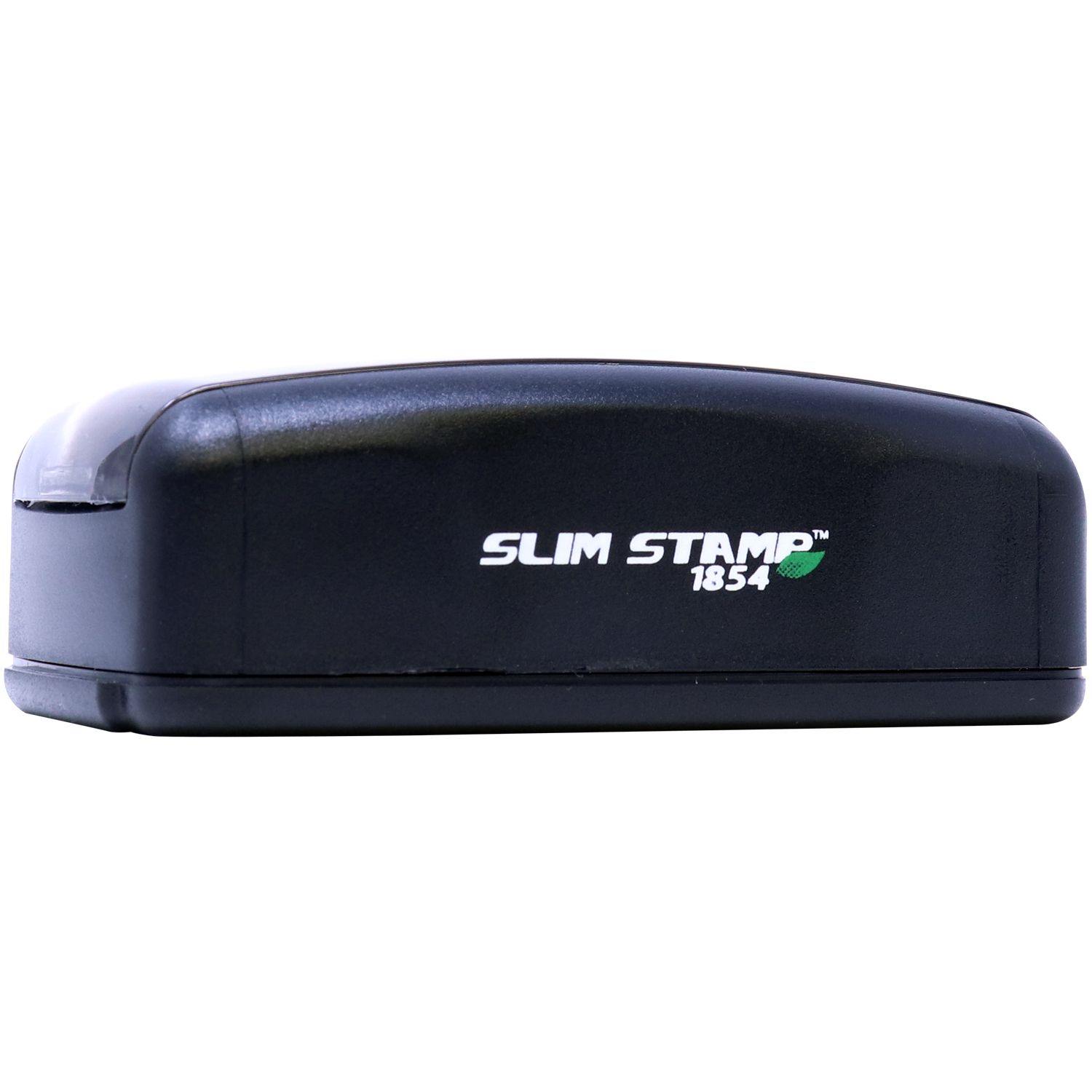 Slim Pre-Inked Progress Print Stamp in black with Slim Stamp 1854 text and green leaf logo, shown from a front angle.