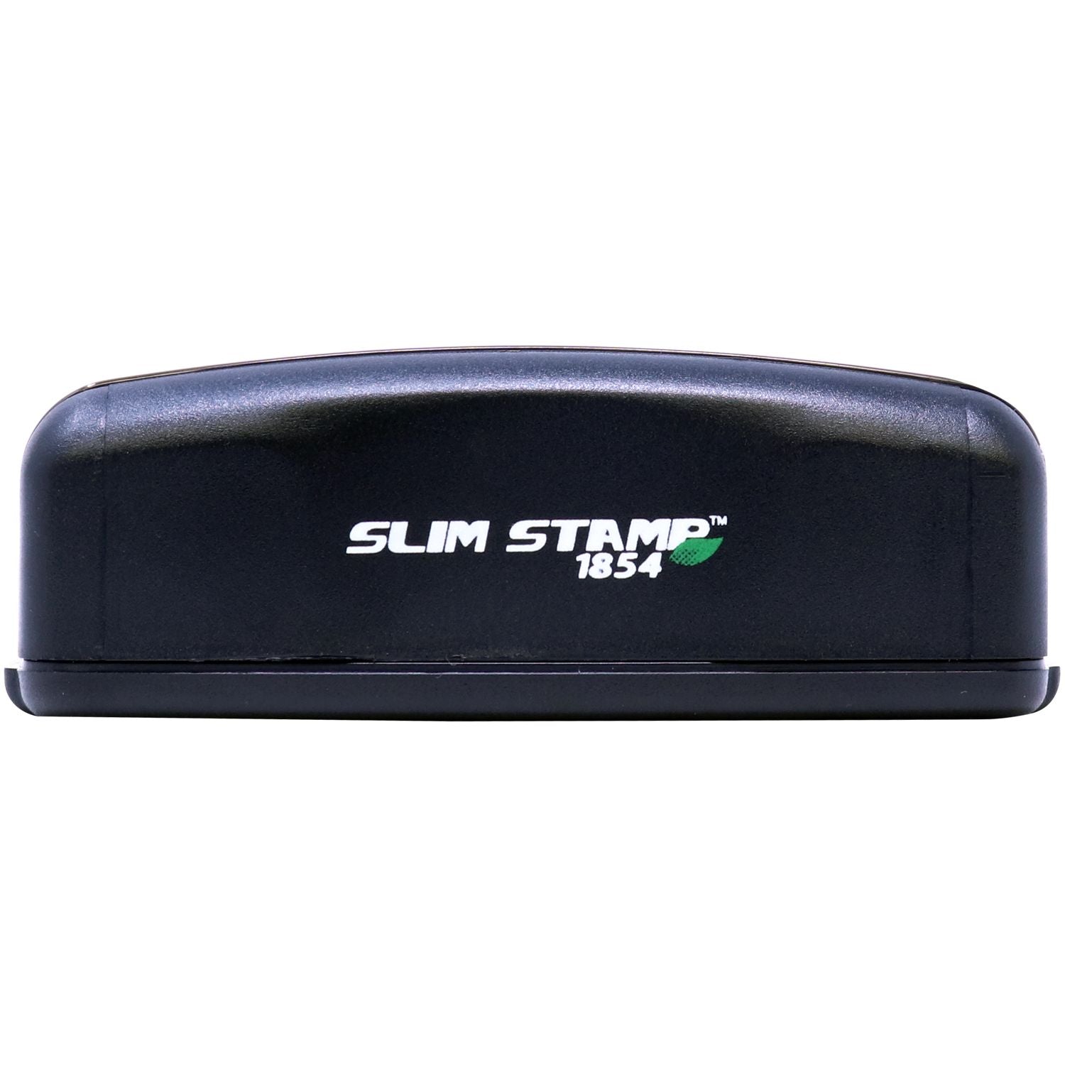 Slim Stamp 1854 Customized Pre-Inked Stamp 11/16 x 2-1/8 in black casing, front view with logo and green leaf icon.