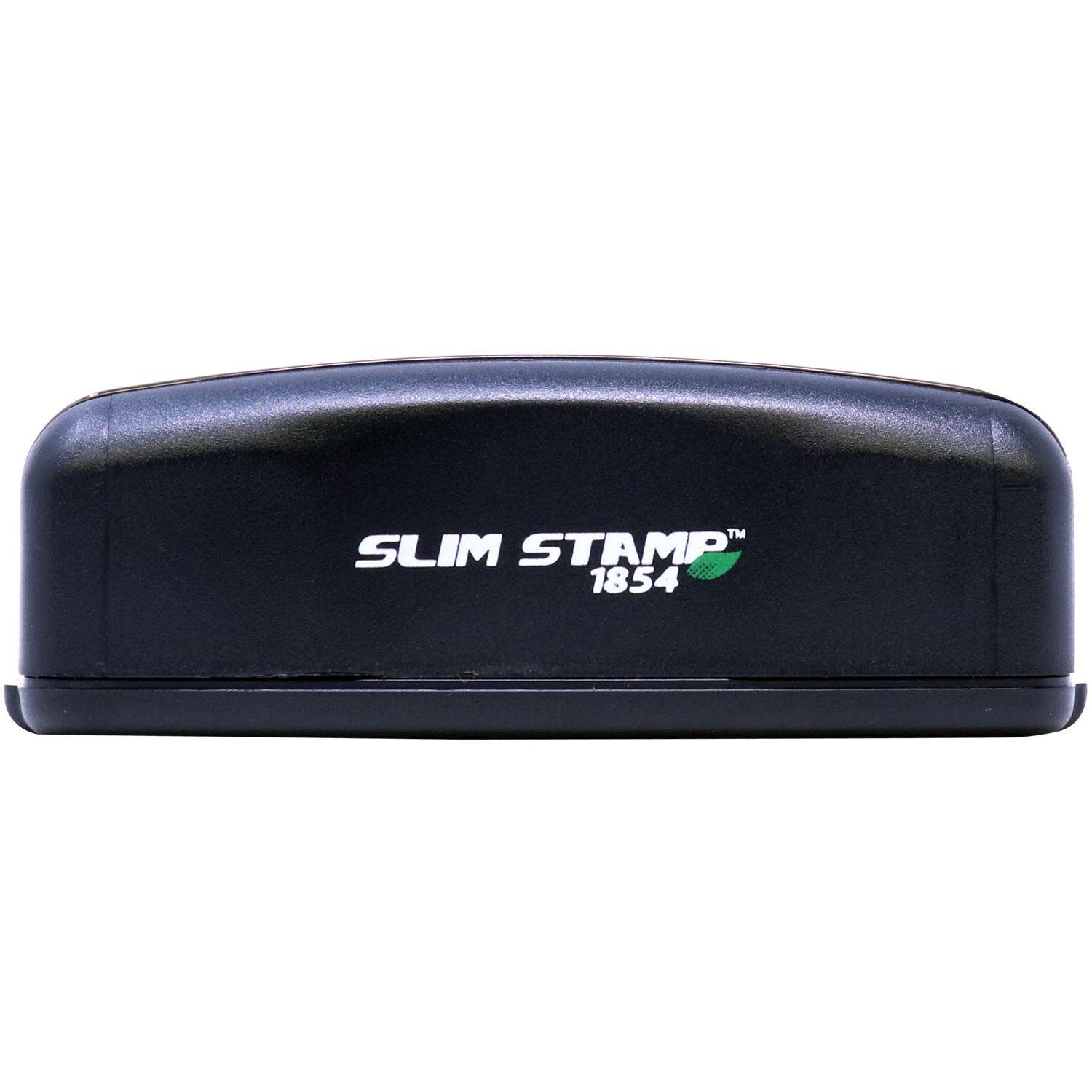 Slim Pre-Inked Superceded Stamp, black and compact, with 'Slim Stamp 1854' printed on the front, ideal for efficient and clean stamping.