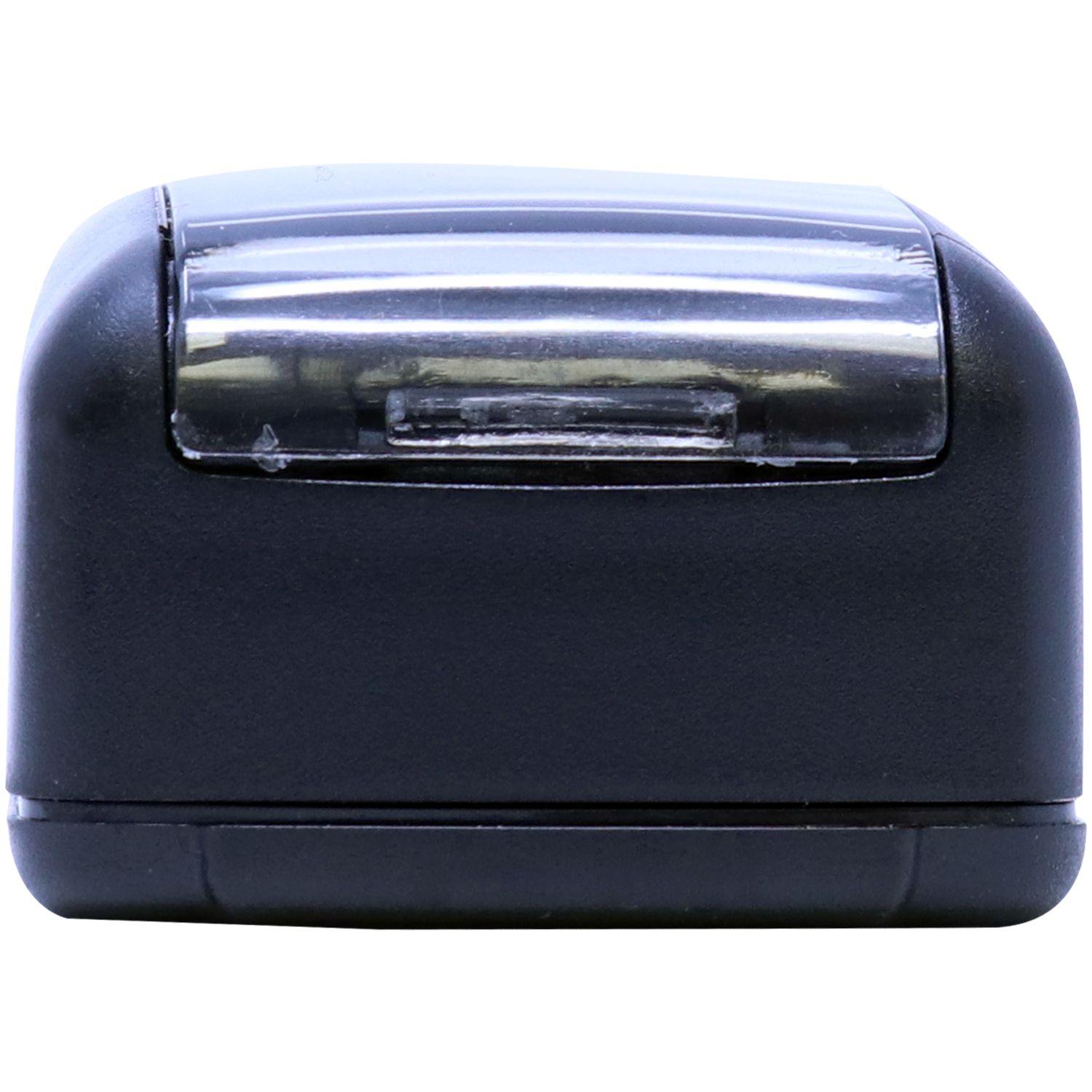 Black Slim Pre-Inked Preliminary Stamp with a compact design, shown from the side view against a white background.