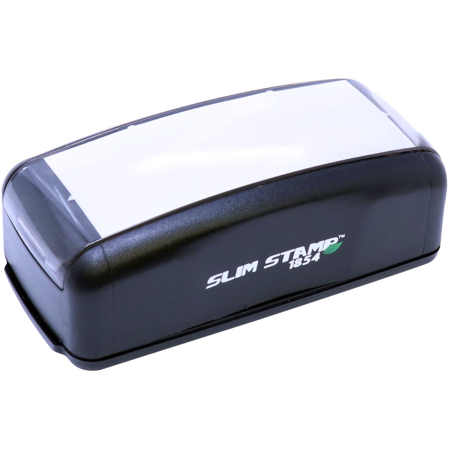 Slim Pre-Inked Superceded Stamp 1854, black rectangular stamp with a clear top, angled view on a white background.