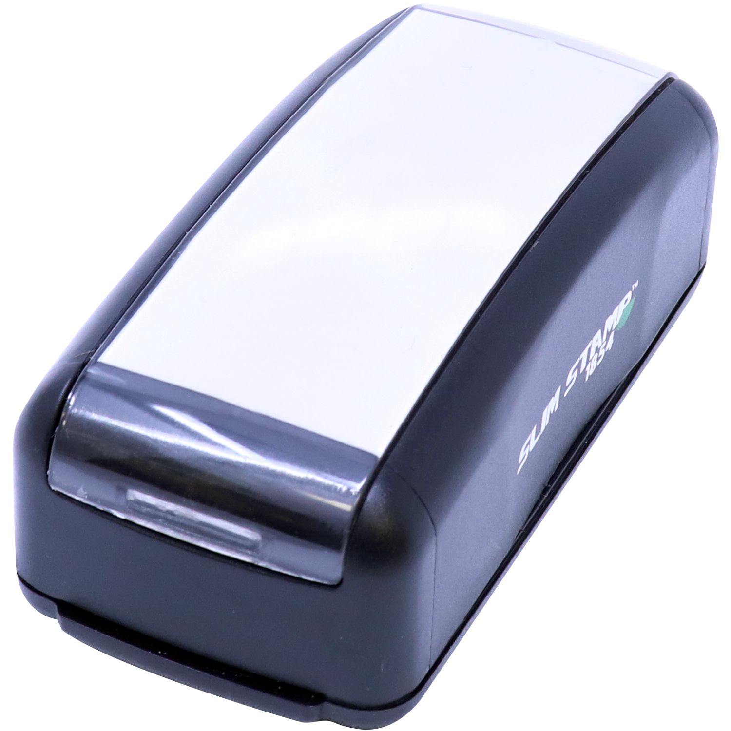 Slim Pre-Inked Progress Stamp in black with a white top, compact design, and visible branding on the side.