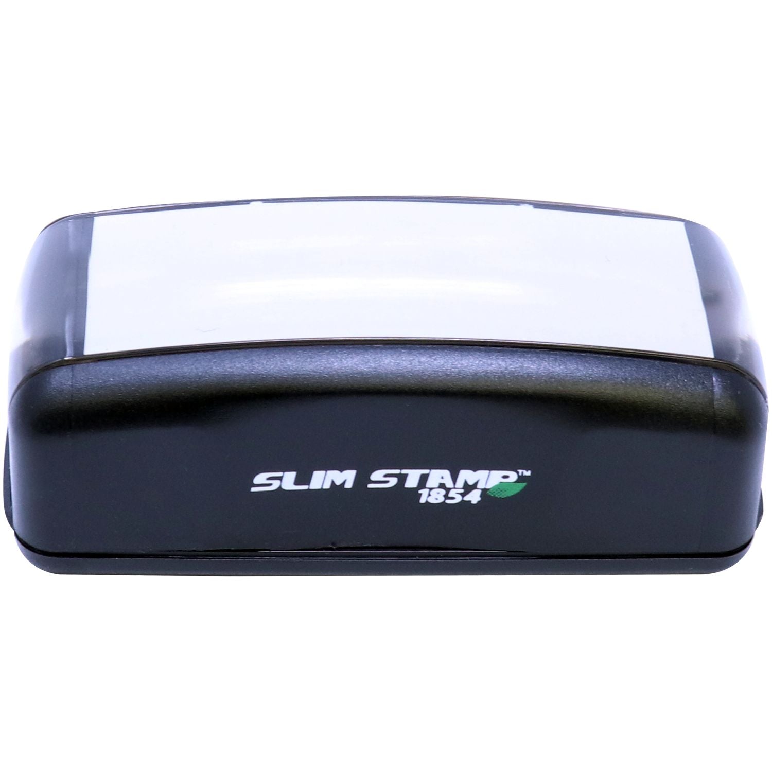 Slim Stamp 1854 Customized Pre-Inked Stamp 11/16 x 2-1/8, black casing with white label, compact design, front view.