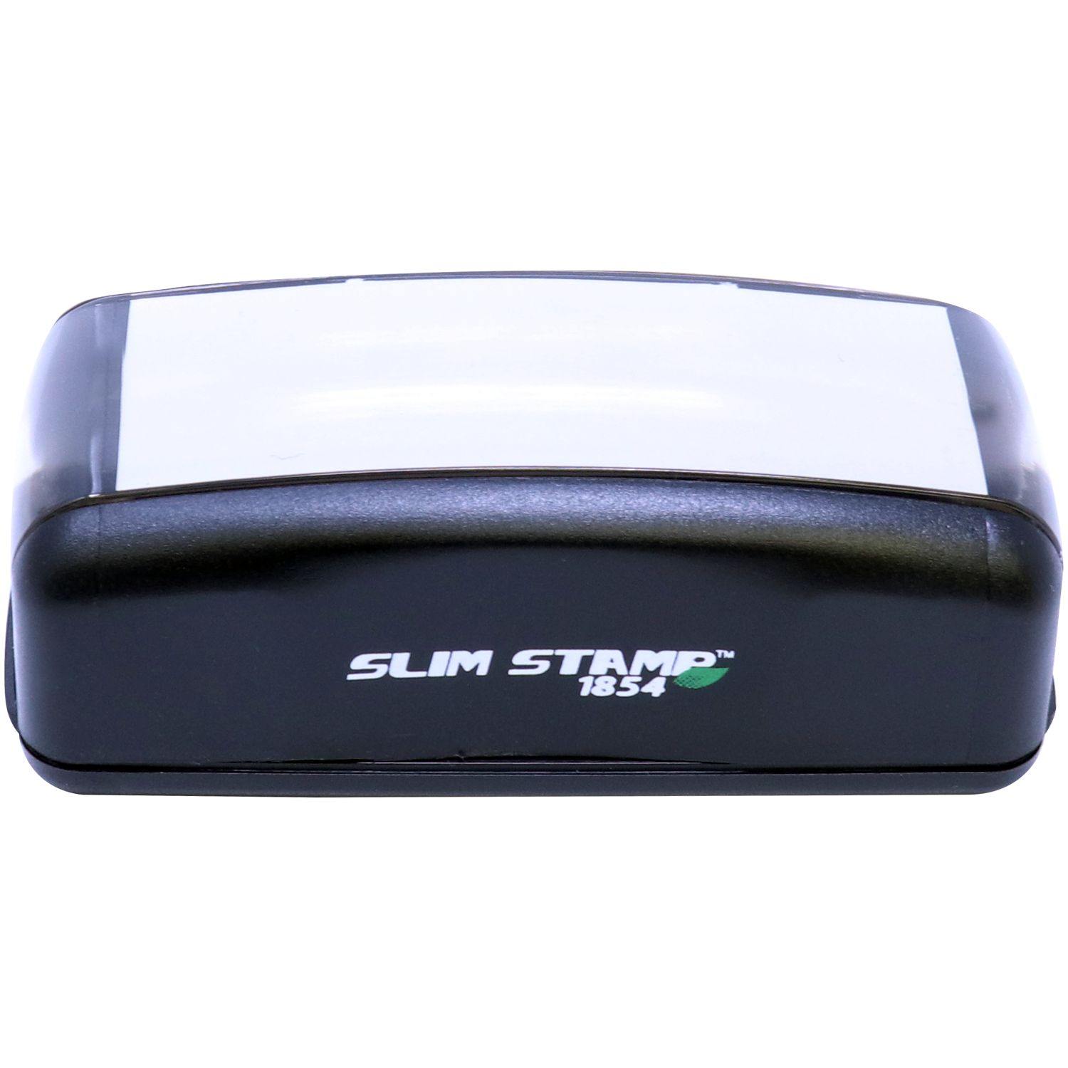 Slim Pre-Inked Progress Print Stamp in black with a white top, displaying the text SLIM STAMP 1854 on the front.