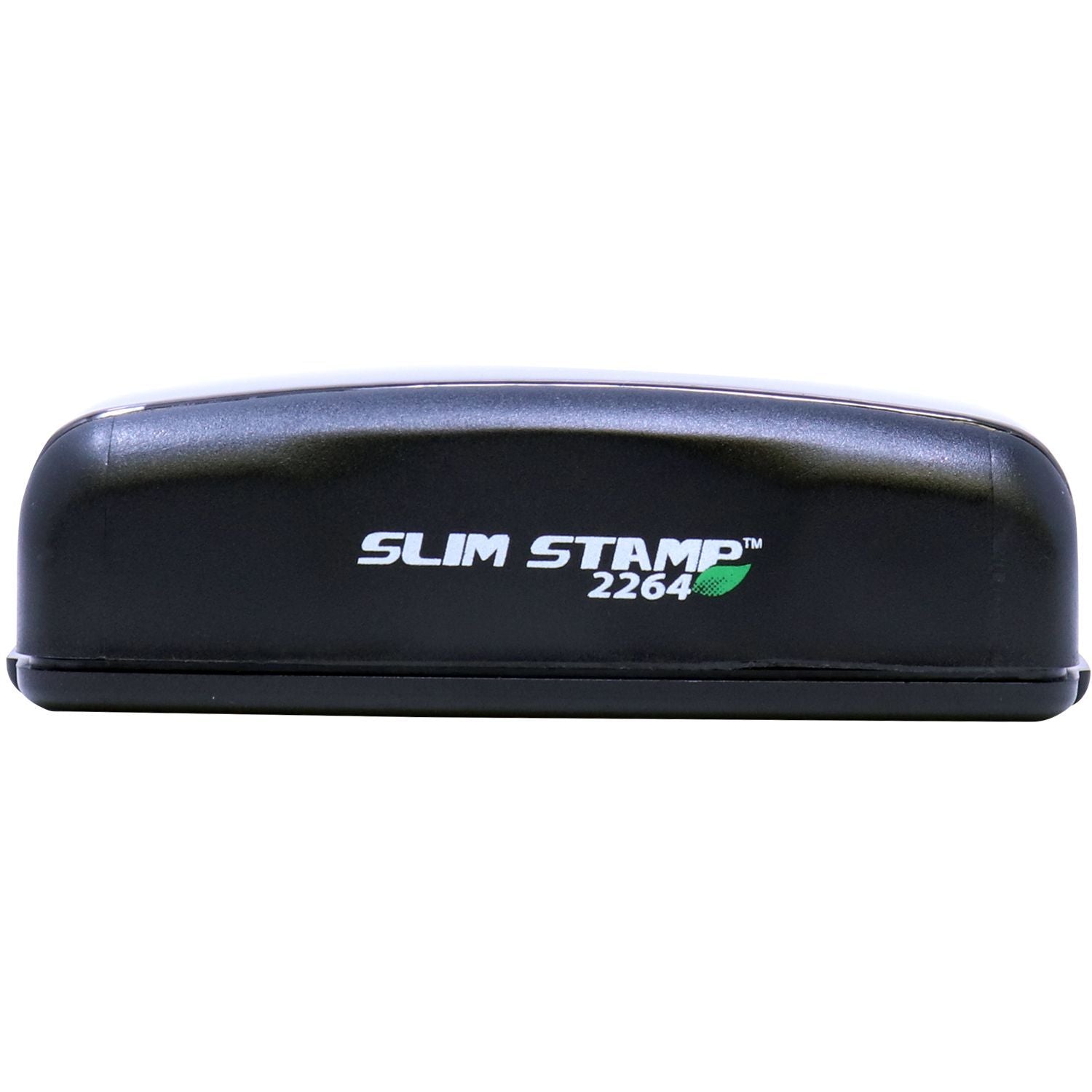 Slim Stamp 2264 Customized Pre-Inked Stamp 13/16 x 2-1/2, black casing with white text and green leaf logo, front view.