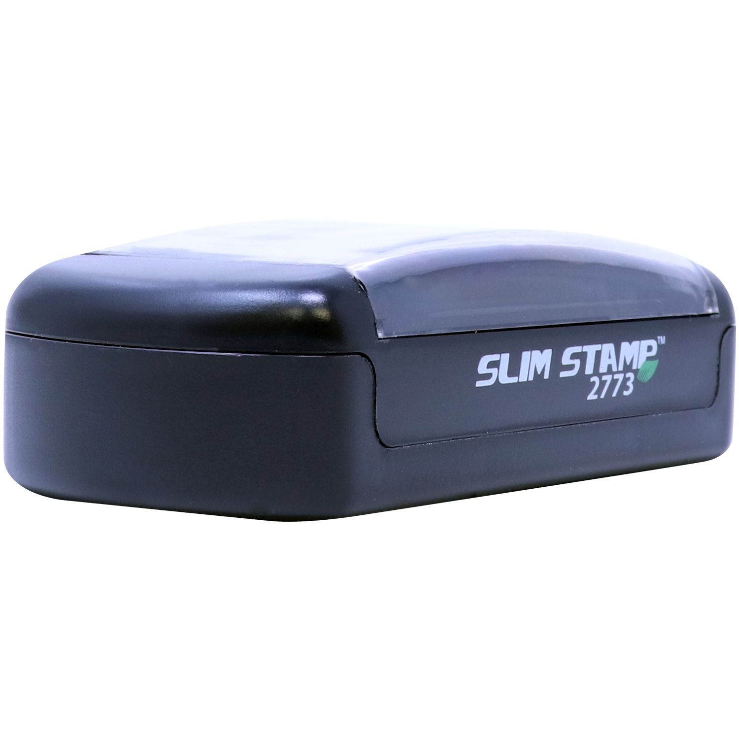 Slim Stamp 2773 Customized Pre-Inked Stamp 1-1/16 x 2-7/8, black rectangular stamp with rounded edges, shown from the front side.