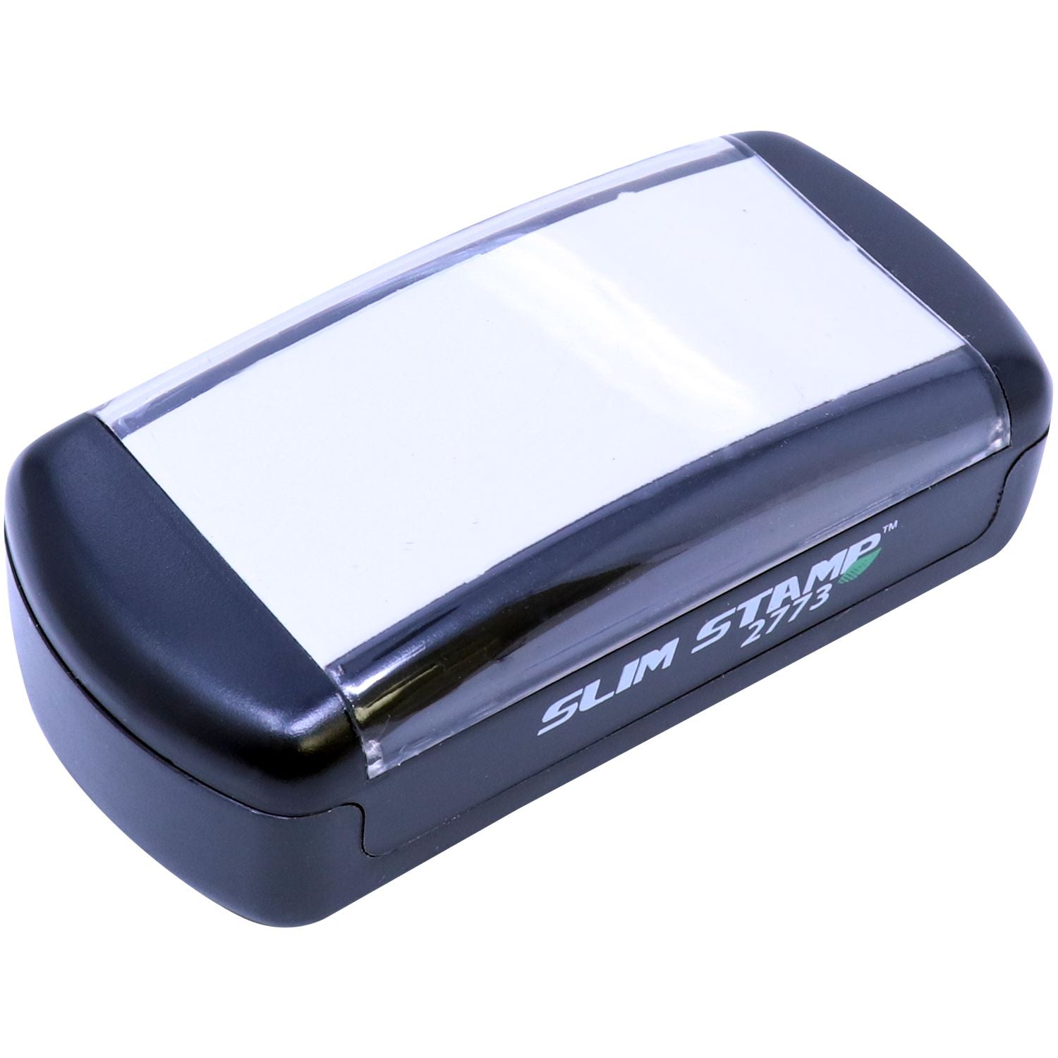 Slim Stamp 2773 Customized Pre-Inked Stamp 1-1/16 x 2-7/8, shown from a top-side angle with a sleek black and white design.