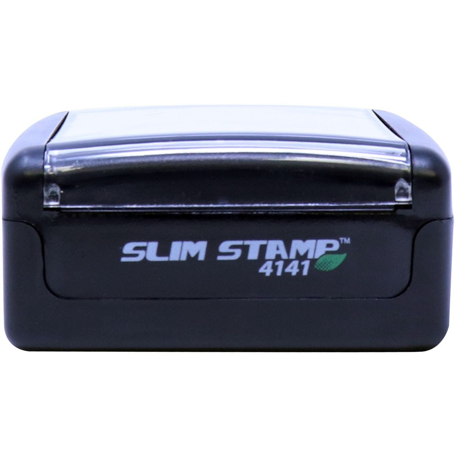 Slim Stamp 4141 Customized Pre-Inked Stamp 1-5/8 x 1-5/8, black casing, compact design, front view with clear cover.