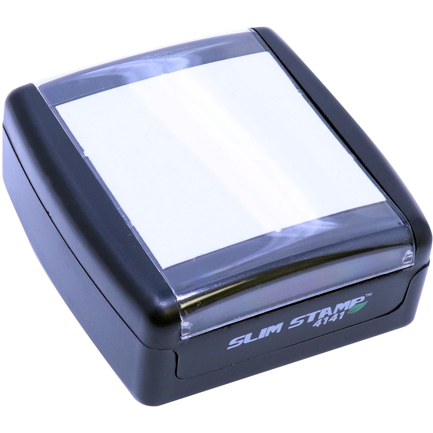 Slim Stamp 4141 Customized Pre-Inked Stamp 1-5/8 x 1-5/8, shown from a top-side angle, featuring a sleek black design with a clear cover.