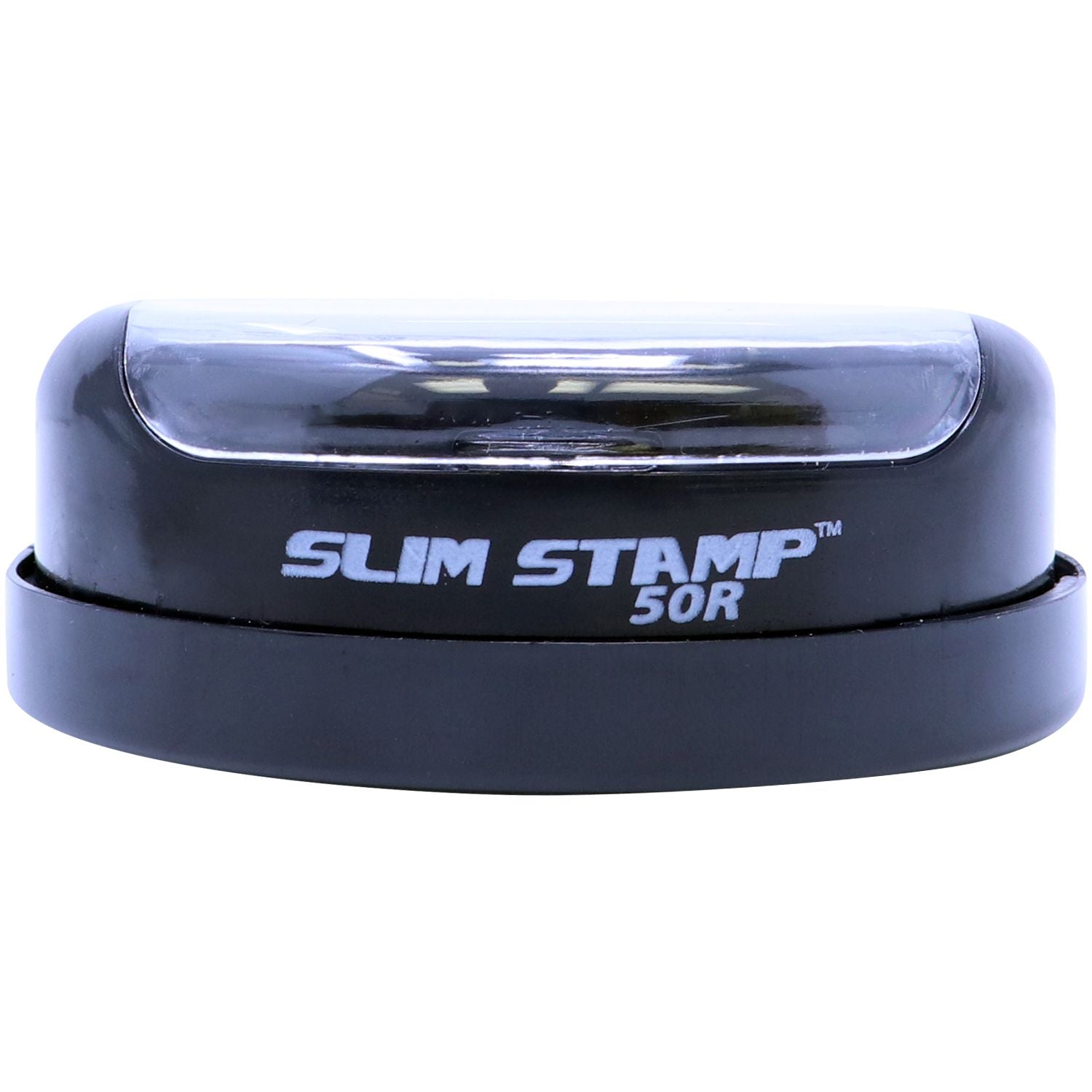 Slim Stamp 50R Customized Pre-Inked Stamp 2 Diameter, black and compact, shown from the front with clear cover and white text on the body.