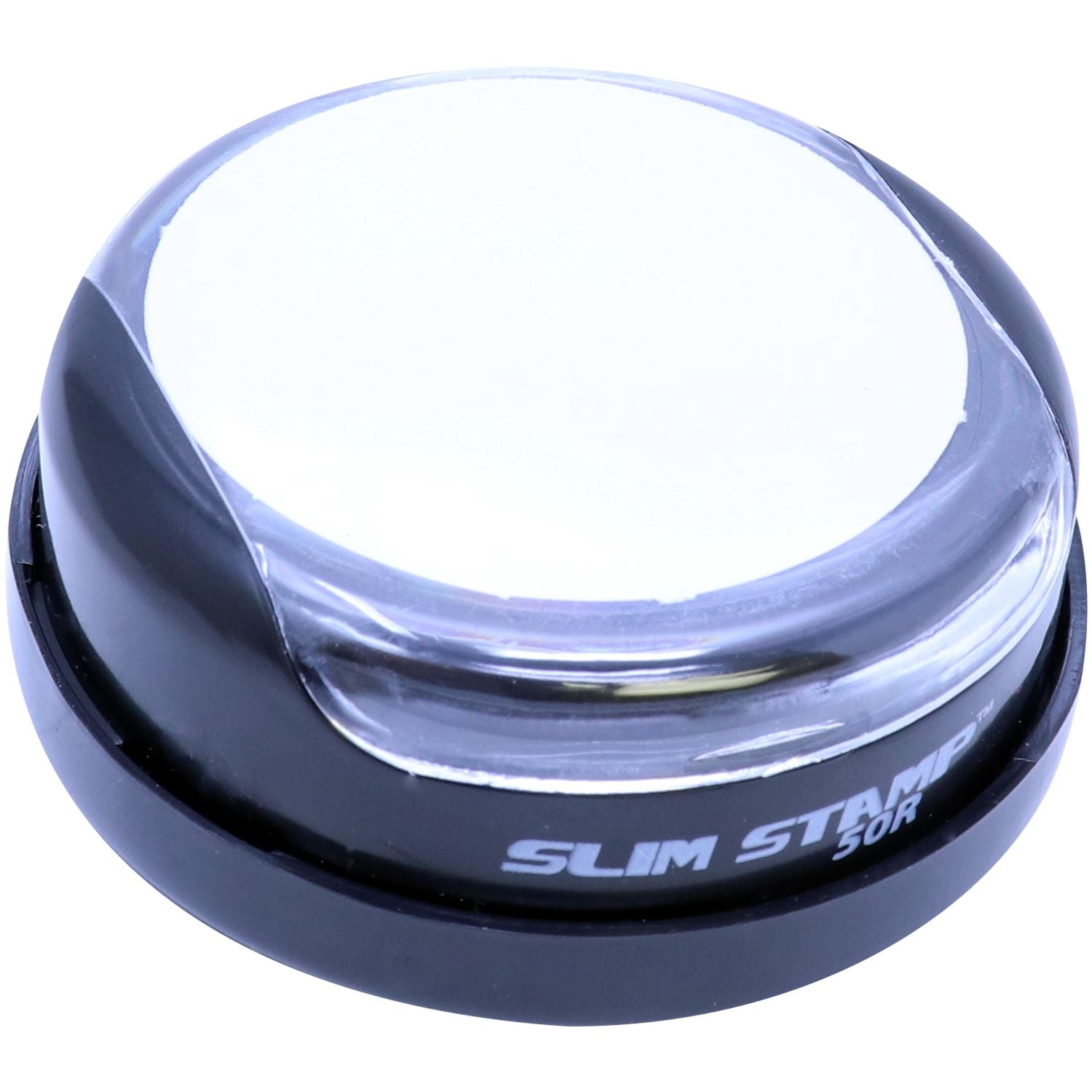 Slim Stamp 50R Customized Pre-Inked Stamp 2 Diameter, black casing with a clear top, compact and round design, shown from top and side view.