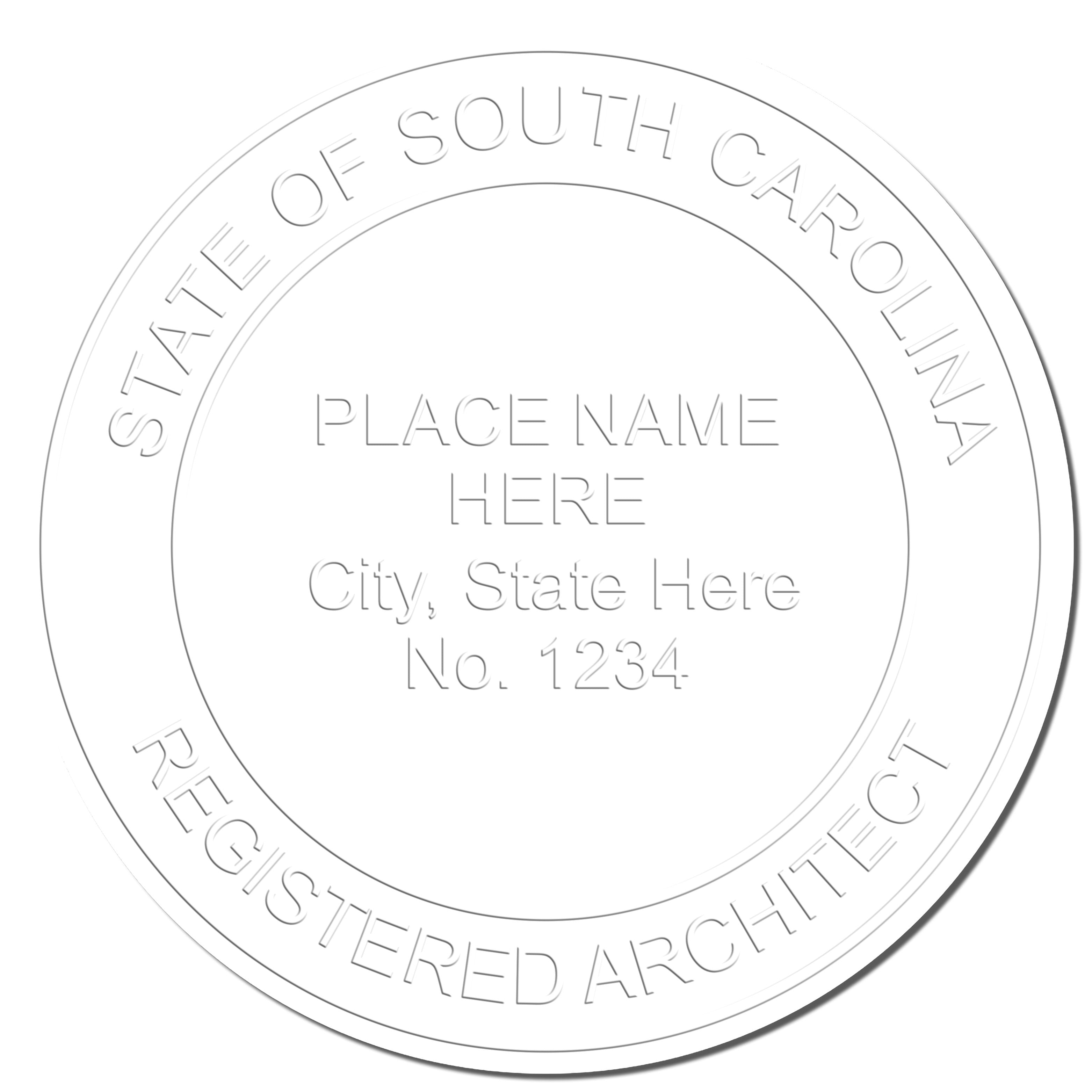 A photograph of the South Carolina Desk Architect Embossing Seal stamp impression reveals a vivid, professional image of the on paper.