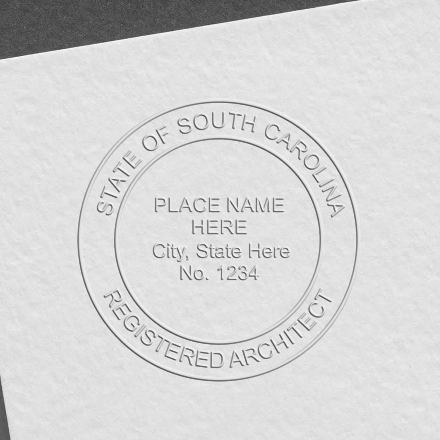 A photograph of the Hybrid South Carolina Architect Seal stamp impression reveals a vivid, professional image of the on paper.