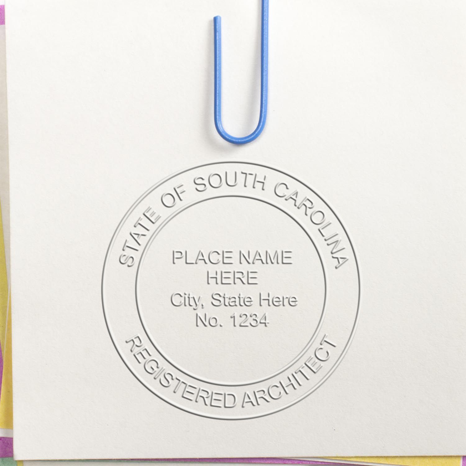 The State of South Carolina Long Reach Architectural Embossing Seal stamp impression comes to life with a crisp, detailed photo on paper - showcasing true professional quality.