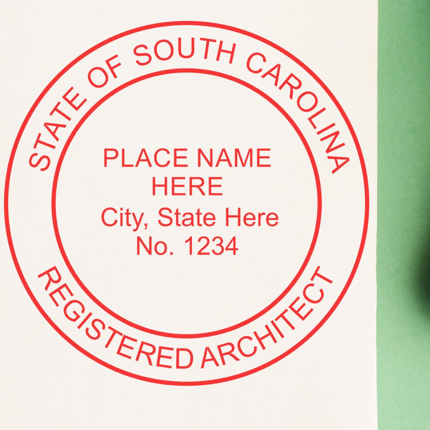 Premium MaxLight Pre-Inked South Carolina Architectural Stamp in red ink on white paper, customizable with name, city, state, and registration number.