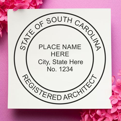 Self Inking South Carolina Architect Stamp on a white paper with pink background and decorative flowers.