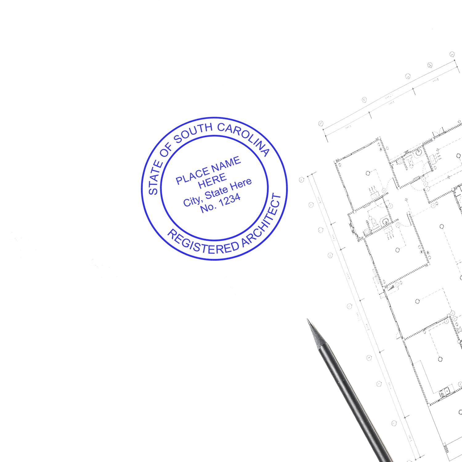 Self Inking South Carolina Architect Stamp used on architectural blueprint with a pen nearby.