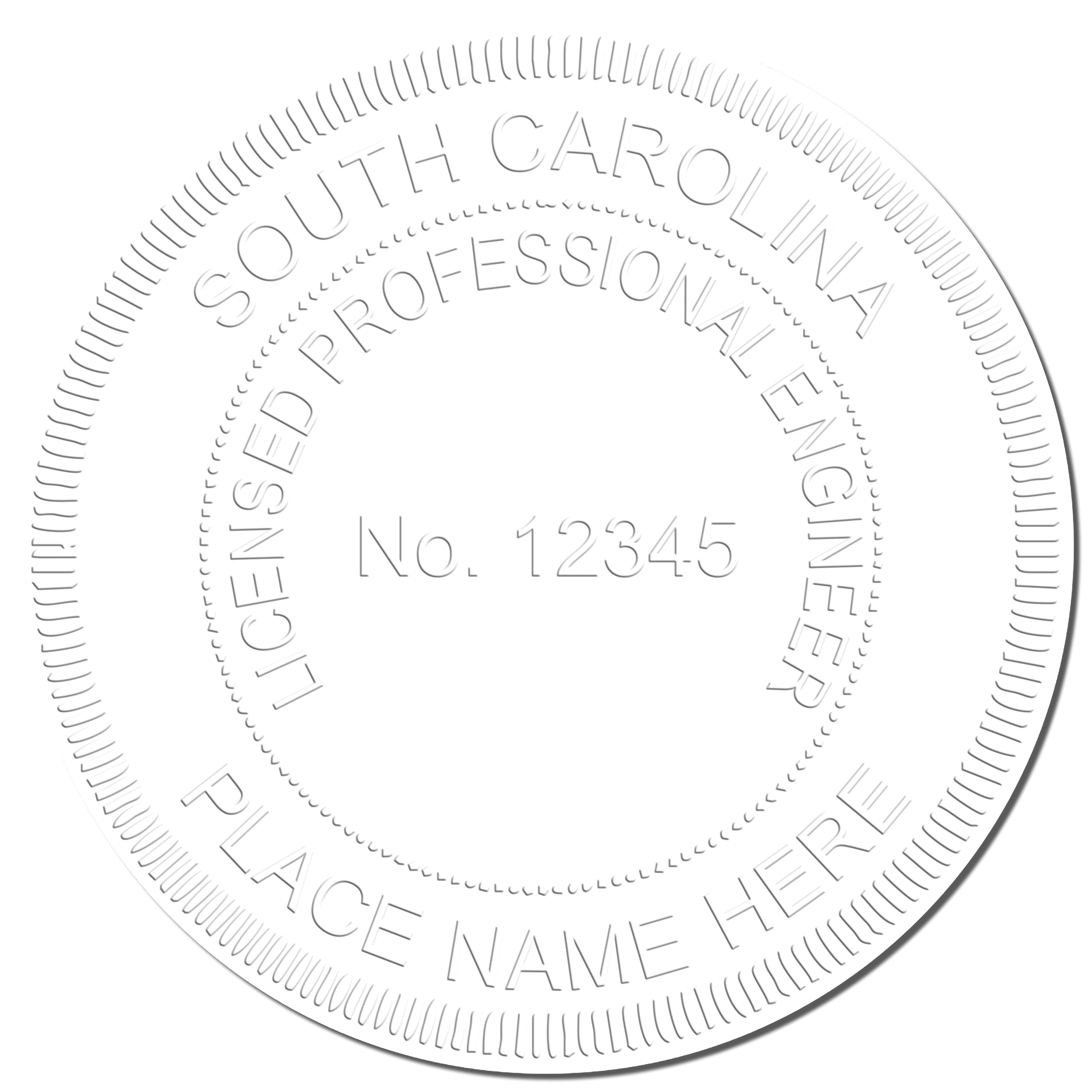 A photograph of the Handheld South Carolina Professional Engineer Embosser stamp impression reveals a vivid, professional image of the on paper.