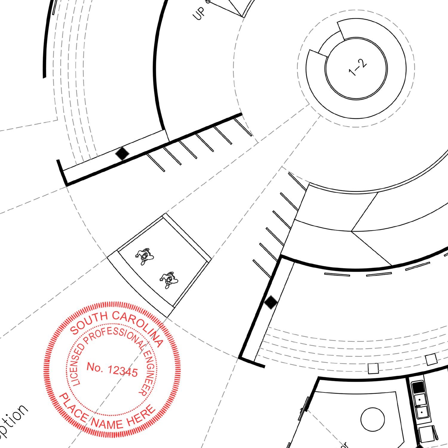 An alternative view of the Digital South Carolina PE Stamp and Electronic Seal for South Carolina Engineer stamped on a sheet of paper showing the image in use