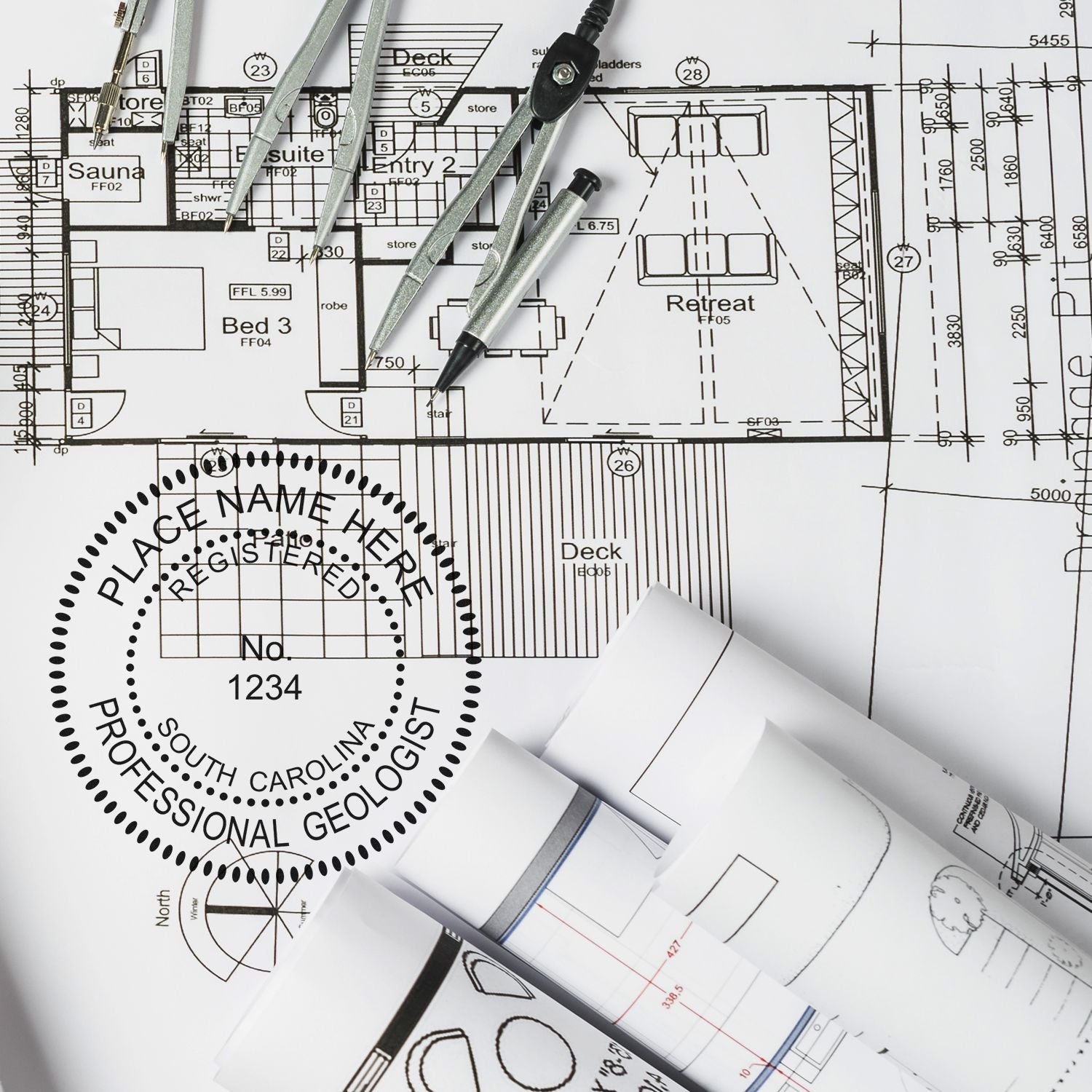 A photograph of the South Carolina Professional Geologist Seal Stamp stamp impression reveals a vivid, professional image of the on paper.