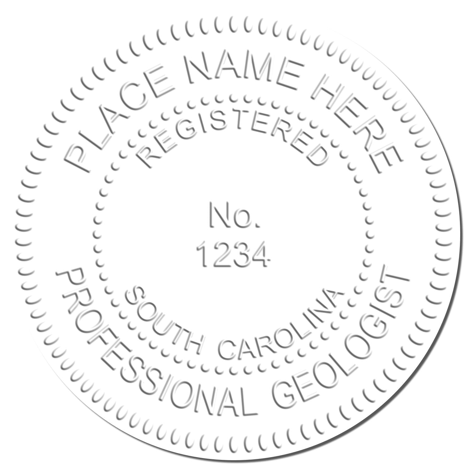 This paper is stamped with a sample imprint of the Handheld South Carolina Professional Geologist Embosser, signifying its quality and reliability.