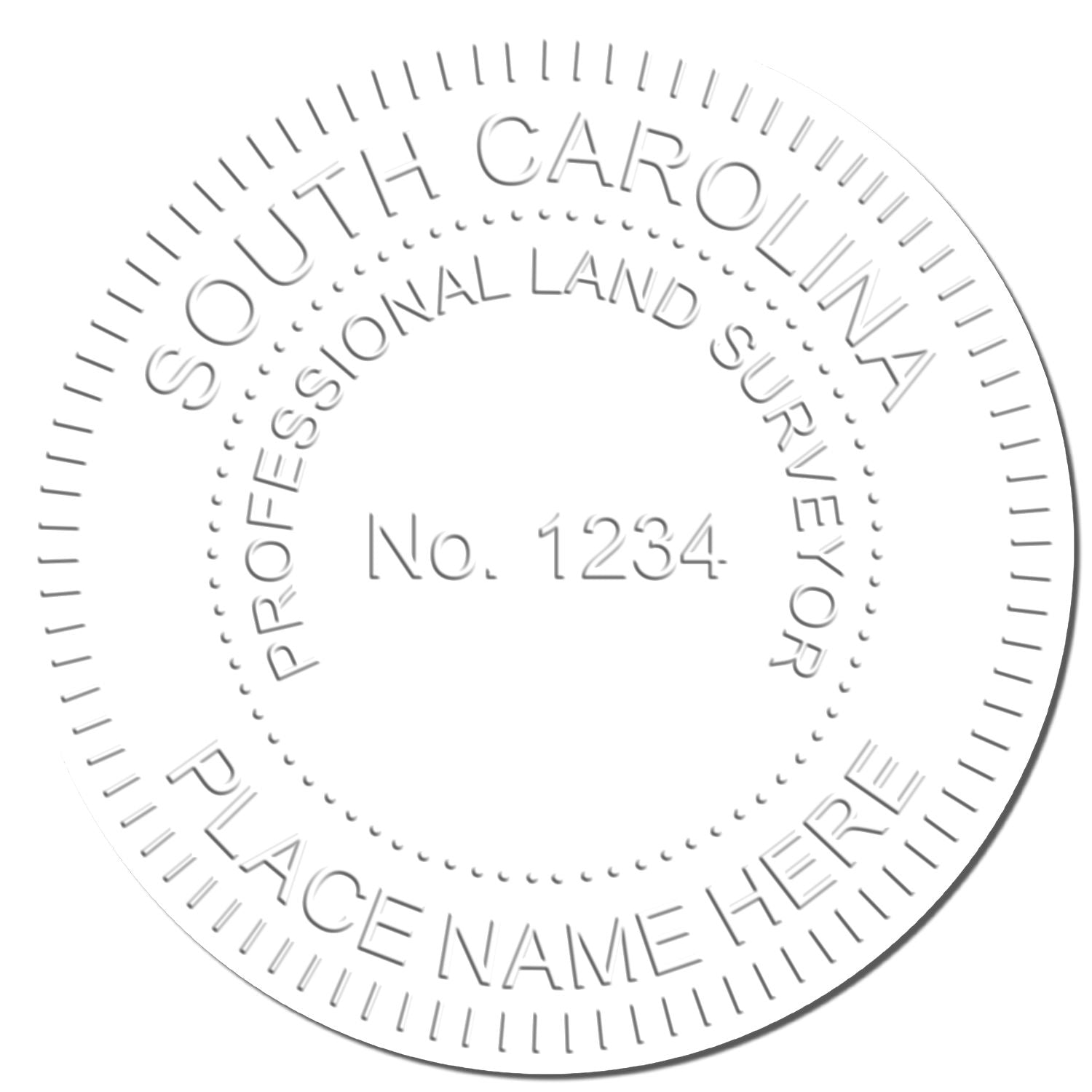 This paper is stamped with a sample imprint of the Heavy Duty Cast Iron South Carolina Land Surveyor Seal Embosser, signifying its quality and reliability.