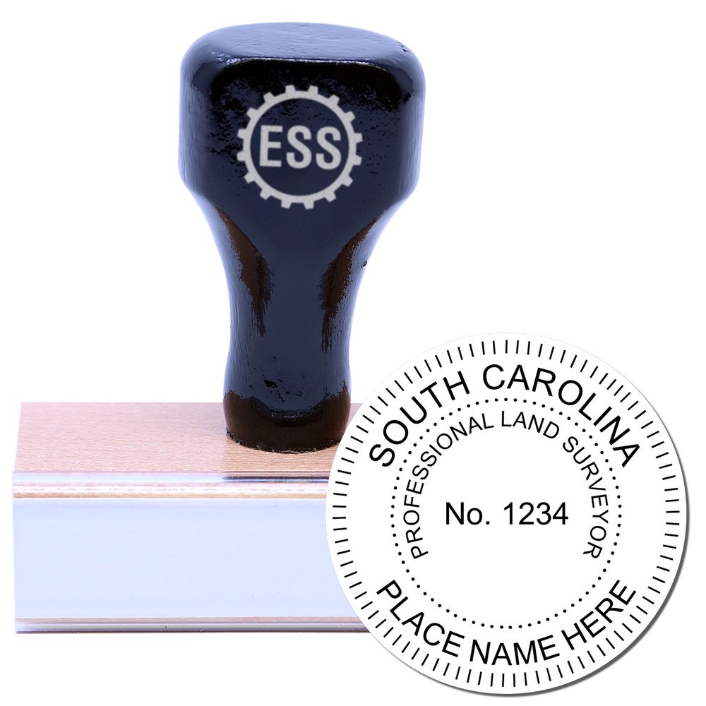 South Carolina Land Surveyor Seal Stamp, SC PLS Stamp with wooden handle and circular imprint showing Professional Land Surveyor and Place Name Here .