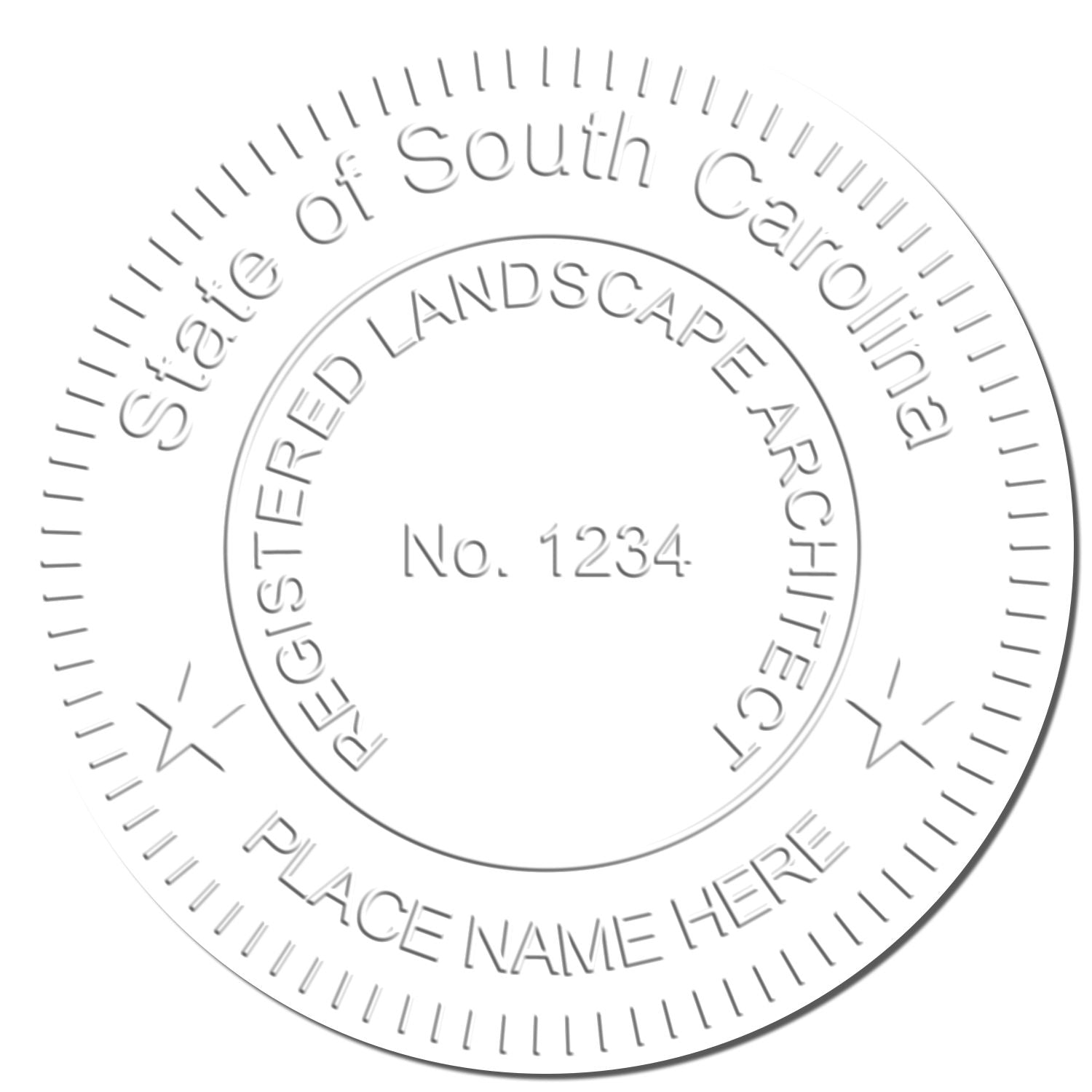 This paper is stamped with a sample imprint of the Heavy Duty South Carolina Landscape Architect Cast Iron Embosser, signifying its quality and reliability.