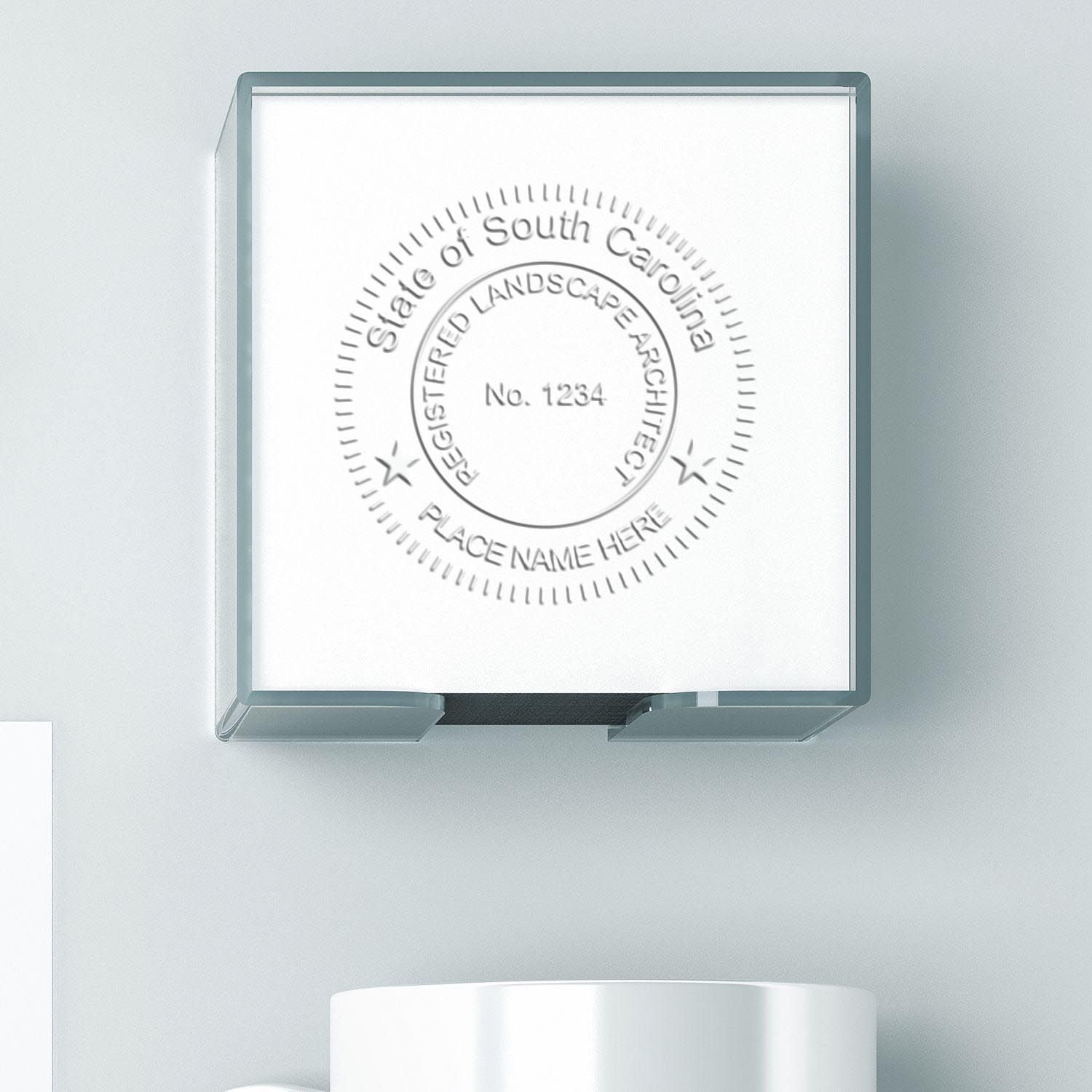 The State of South Carolina Handheld Landscape Architect Seal stamp impression comes to life with a crisp, detailed photo on paper - showcasing true professional quality.