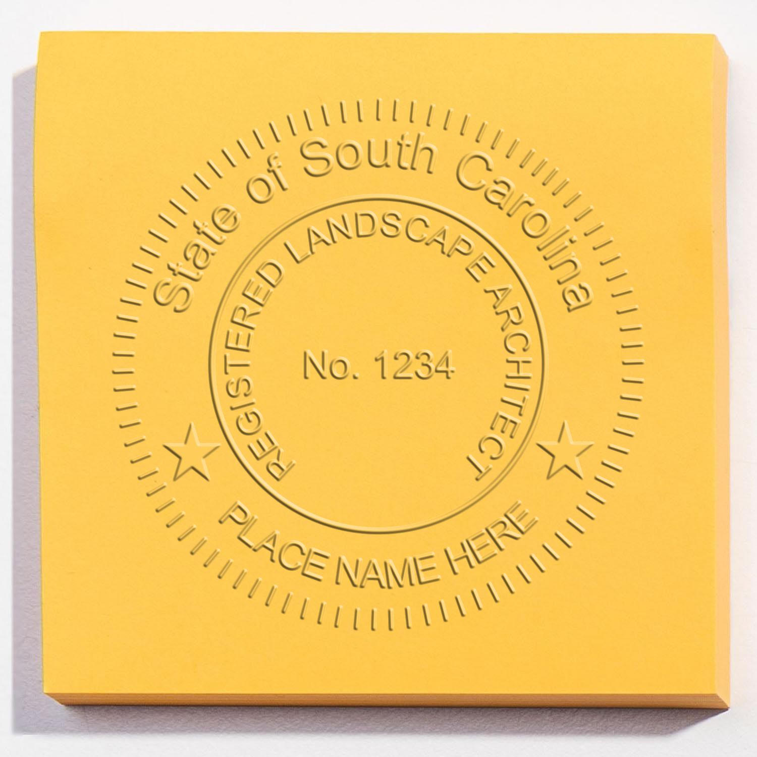 A photograph of the South Carolina Long Reach Landscape Architect Embossing Stamp stamp impression reveals a vivid, professional image of the on paper.