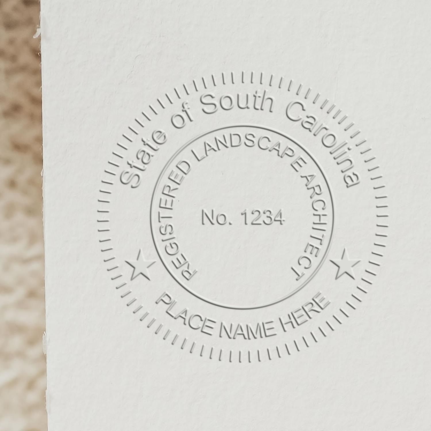 A photograph of the State of South Carolina Handheld Landscape Architect Seal stamp impression reveals a vivid, professional image of the on paper.