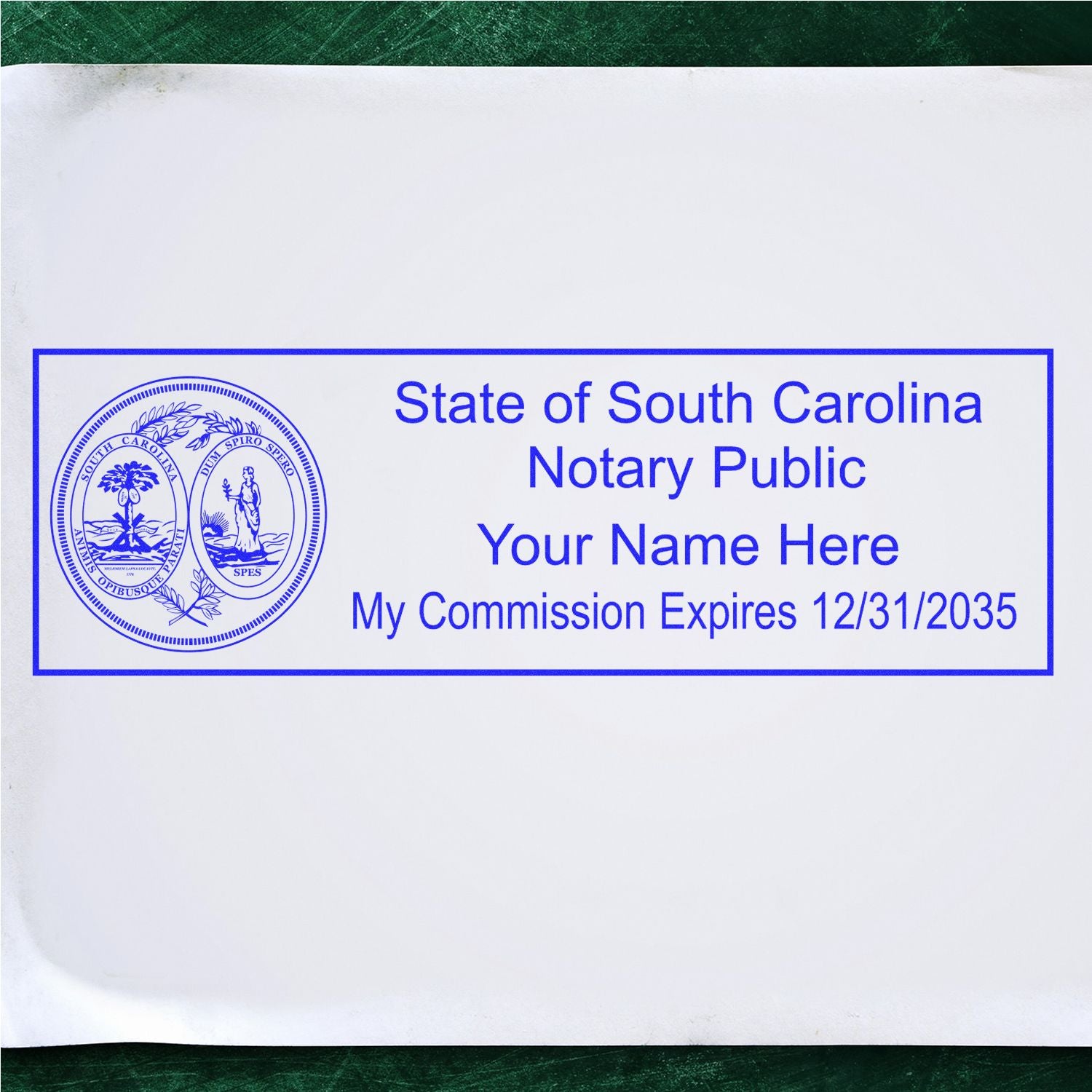 This paper is stamped with a sample imprint of the Slim Pre-Inked State Seal Notary Stamp for South Carolina, signifying its quality and reliability.