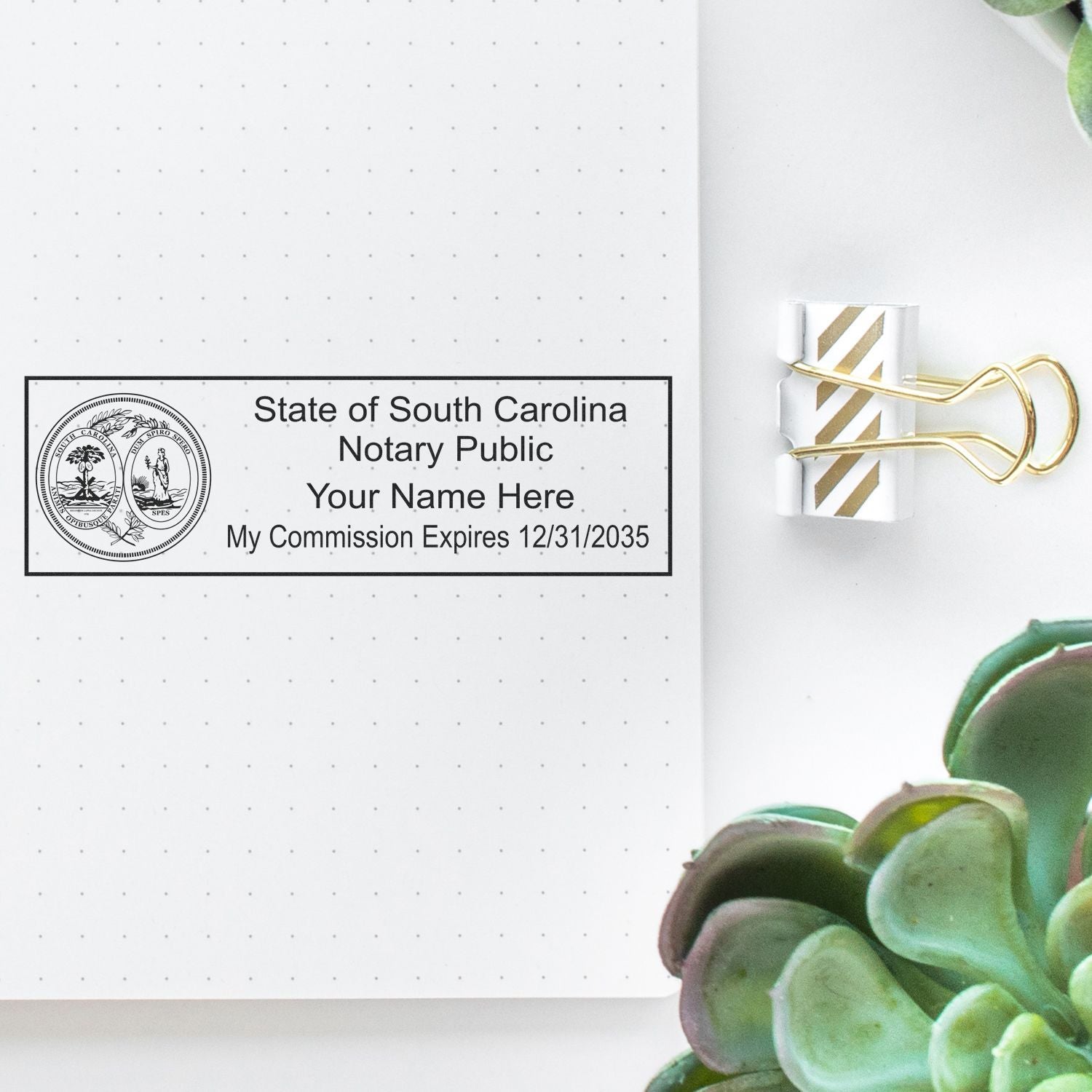 A stamped impression of the Slim Pre-Inked State Seal Notary Stamp for South Carolina in this stylish lifestyle photo, setting the tone for a unique and personalized product.