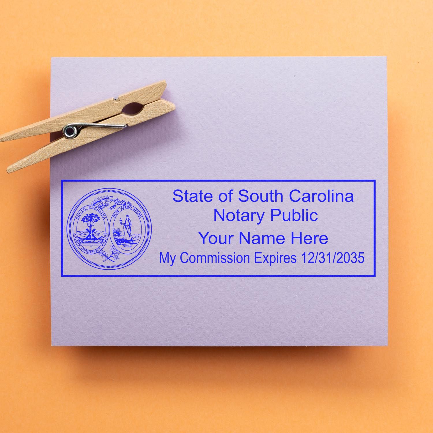 Slim Pre-Inked State Seal Notary Stamp for South Carolina in use photo showing a stamped imprint of the Slim Pre-Inked State Seal Notary Stamp for South Carolina