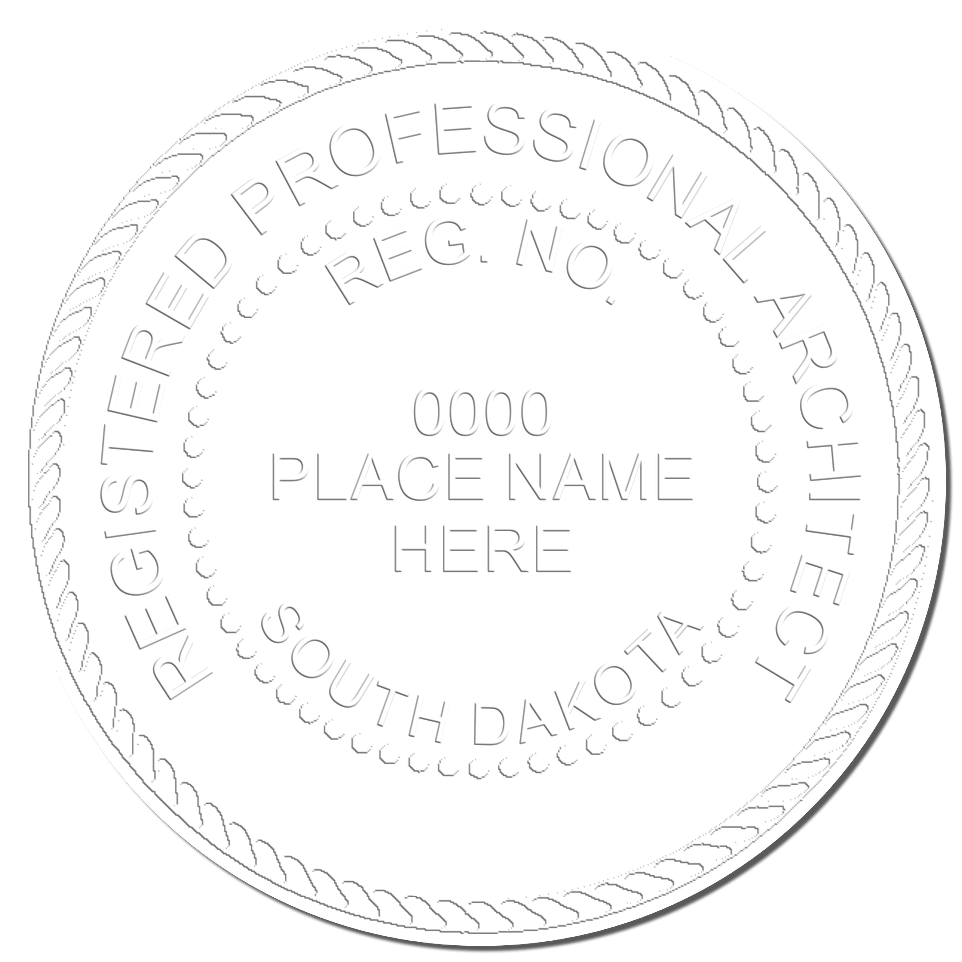 This paper is stamped with a sample imprint of the Heavy Duty Cast Iron South Dakota Architect Embosser, signifying its quality and reliability.