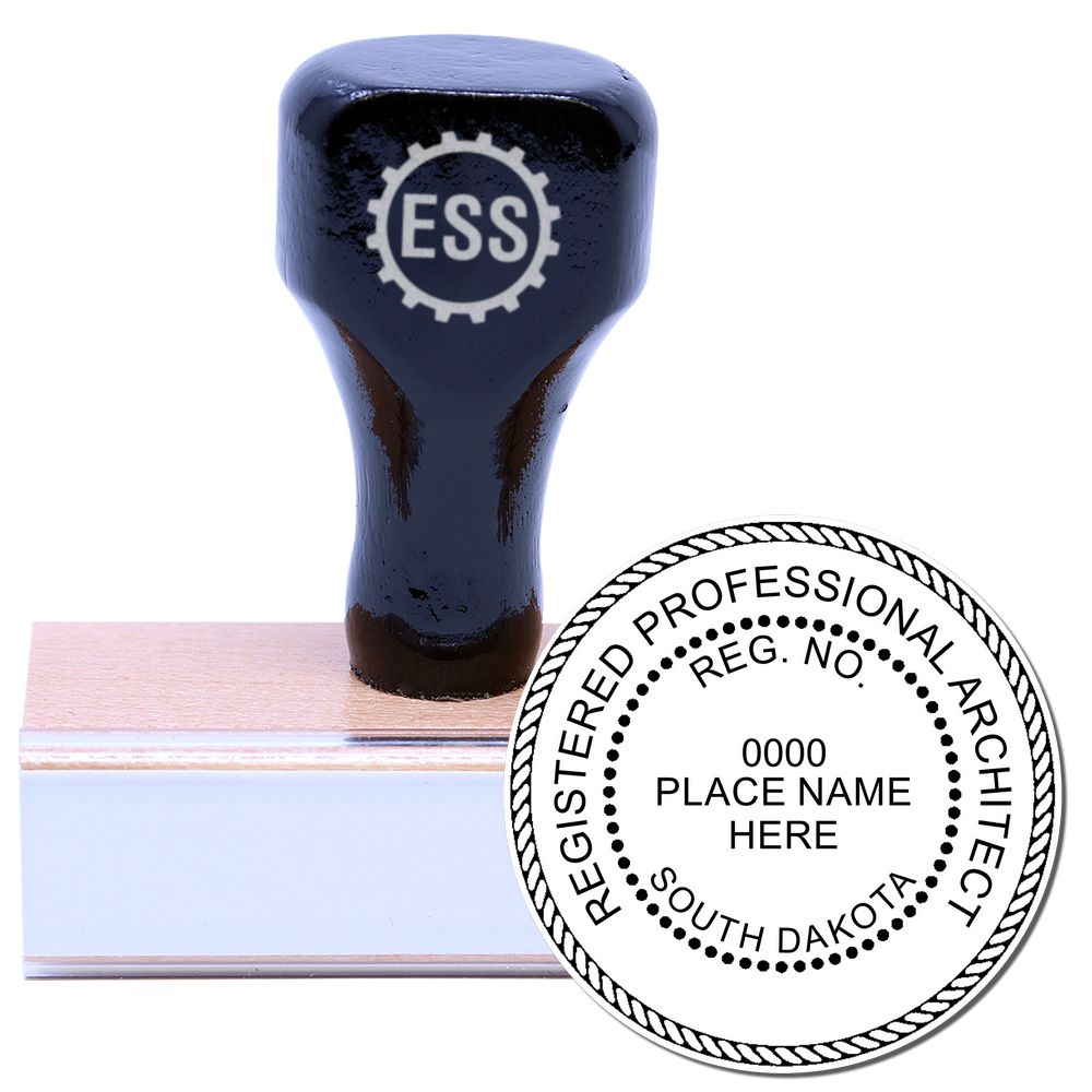 South Dakota Architect Seal Stamp with a wooden handle and rubber base, featuring a circular design for registered professional architects.