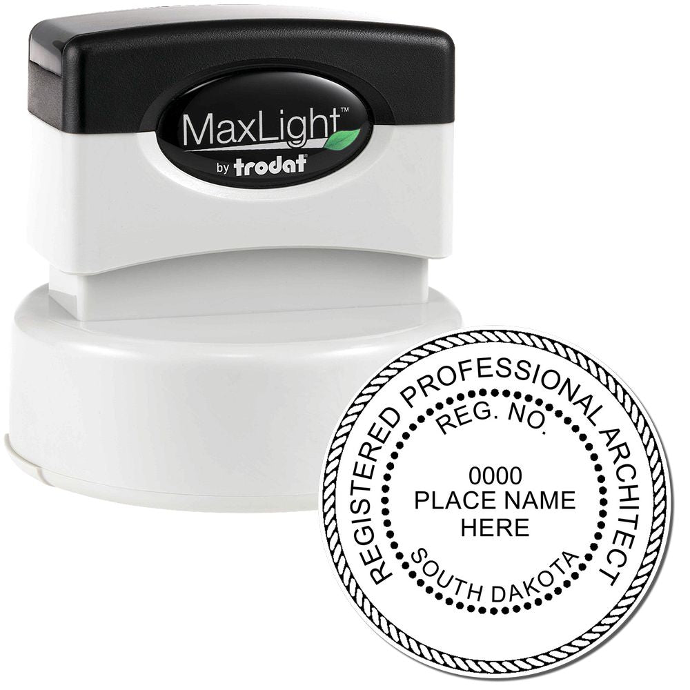 Premium MaxLight Pre-Inked South Dakota Architectural Stamp with a black handle and a sample imprint showing registration details.