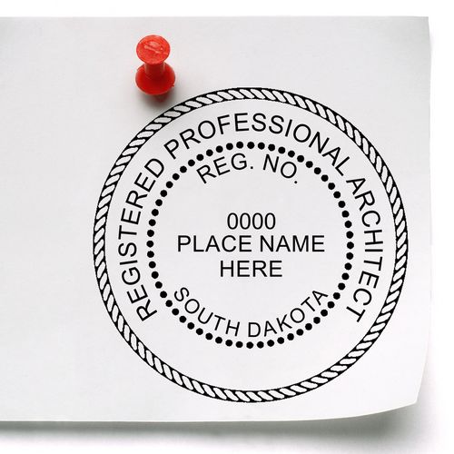 Self Inking South Dakota Architect Stamp on white paper with a red pushpin, displaying a circular professional architect seal.