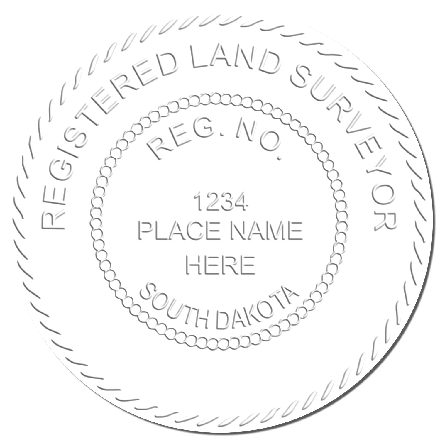 This paper is stamped with a sample imprint of the Heavy Duty Cast Iron South Dakota Land Surveyor Seal Embosser, signifying its quality and reliability.