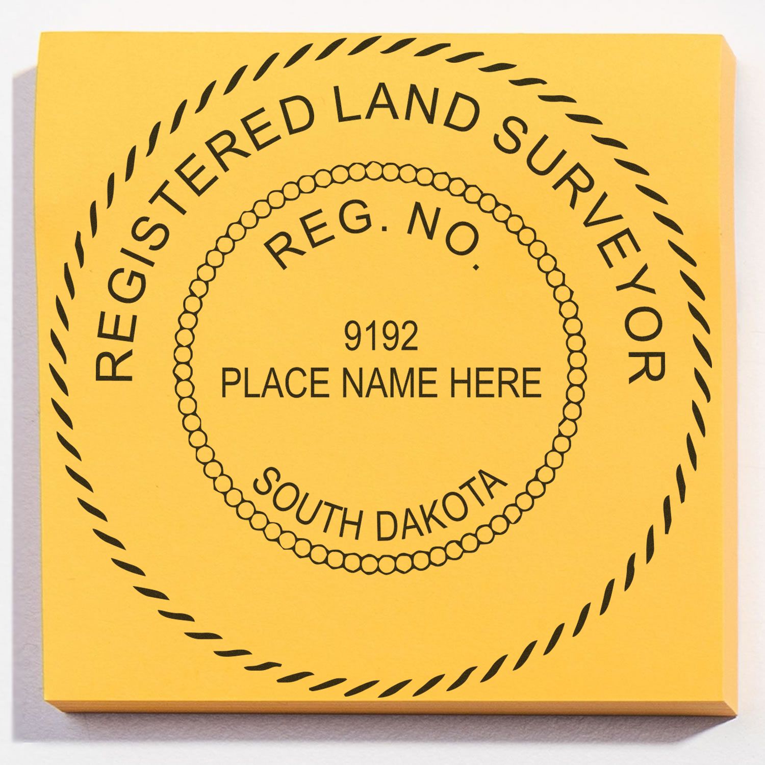 Digital South Dakota Land Surveyor Stamp, Electronic Seal for South Dakota Land Surveyor on a yellow background with customizable fields.