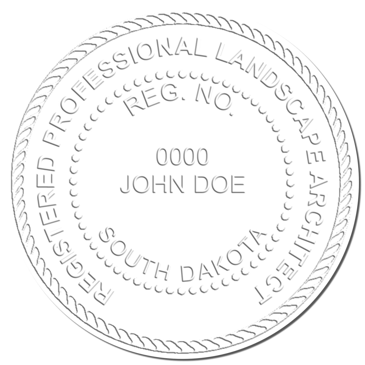 This paper is stamped with a sample imprint of the South Dakota Long Reach Landscape Architect Embossing Stamp, signifying its quality and reliability.