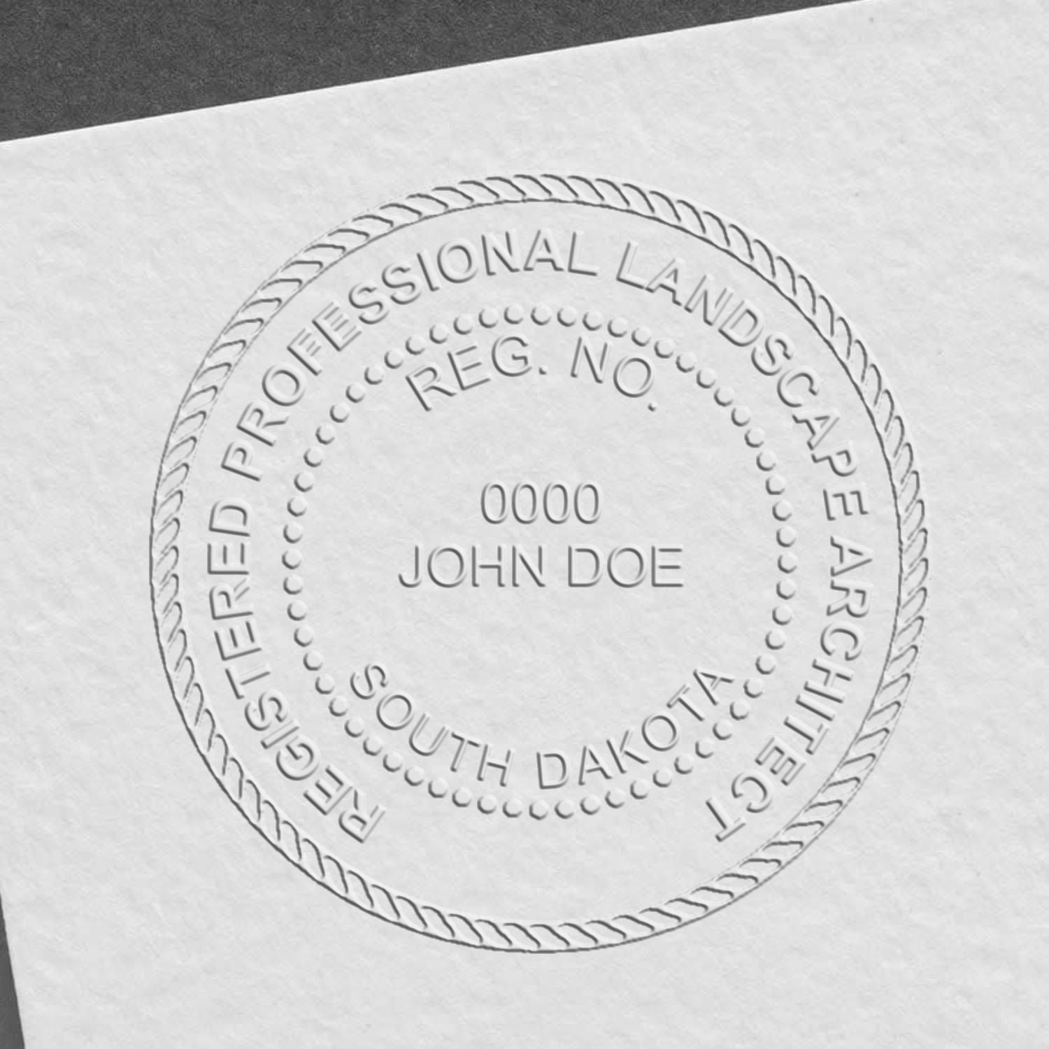 A photograph of the Hybrid South Dakota Landscape Architect Seal stamp impression reveals a vivid, professional image of the on paper.