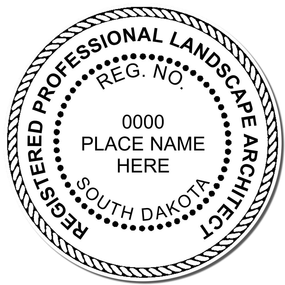 A lifestyle photo showing a stamped image of the Slim Pre-Inked South Dakota Landscape Architect Seal Stamp on a piece of paper