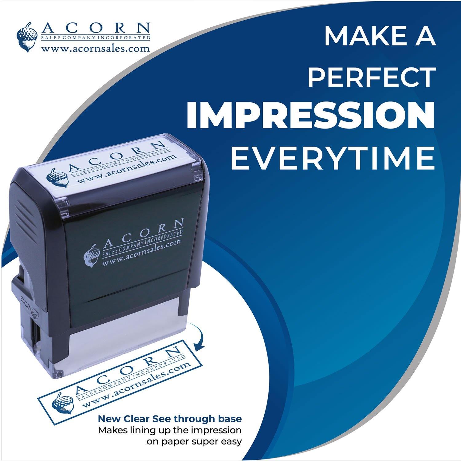 Self Inking Superceded Stamp by Acorn Sales, black with a clear base, shown with stamped impression on a blue and white background.