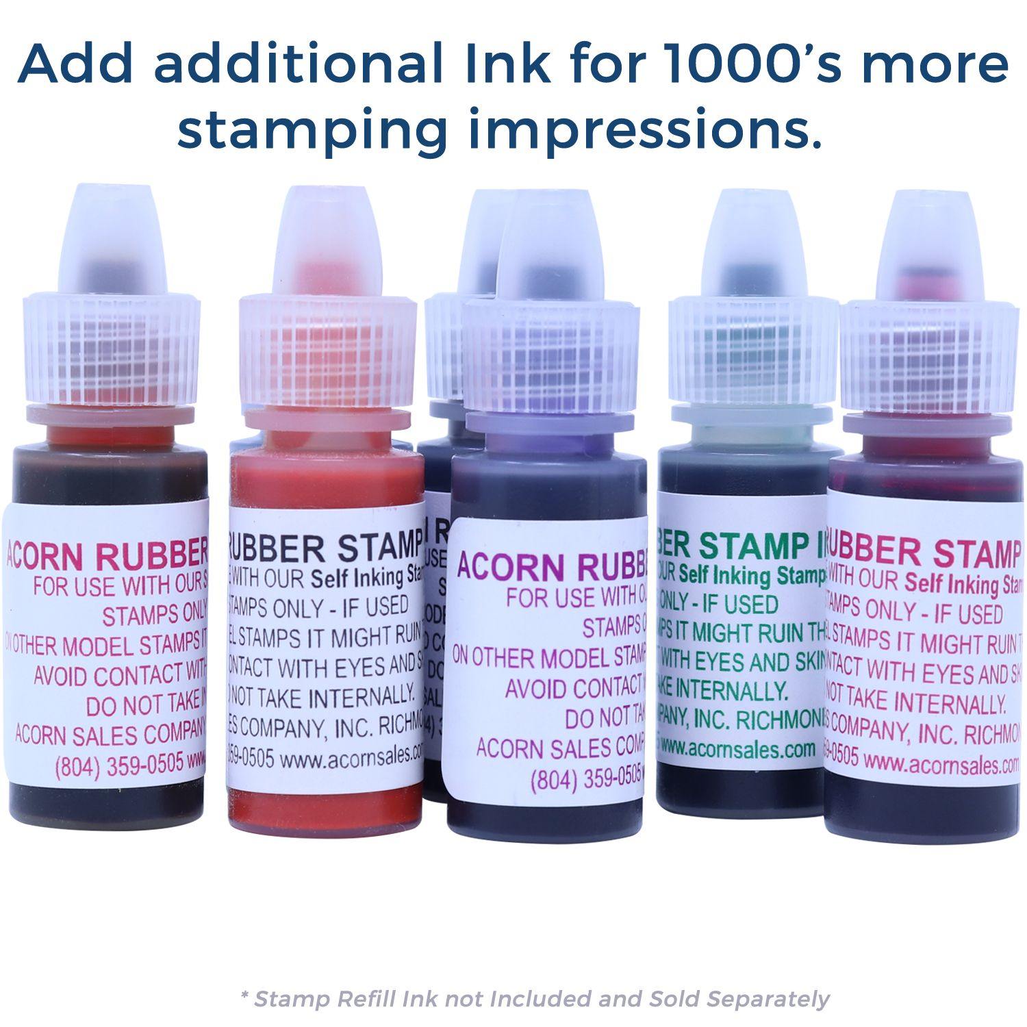 Four bottles of ink refills for the Large Pre-Inked Name Stamp, labeled in various colors, with text above about adding ink for more impressions.