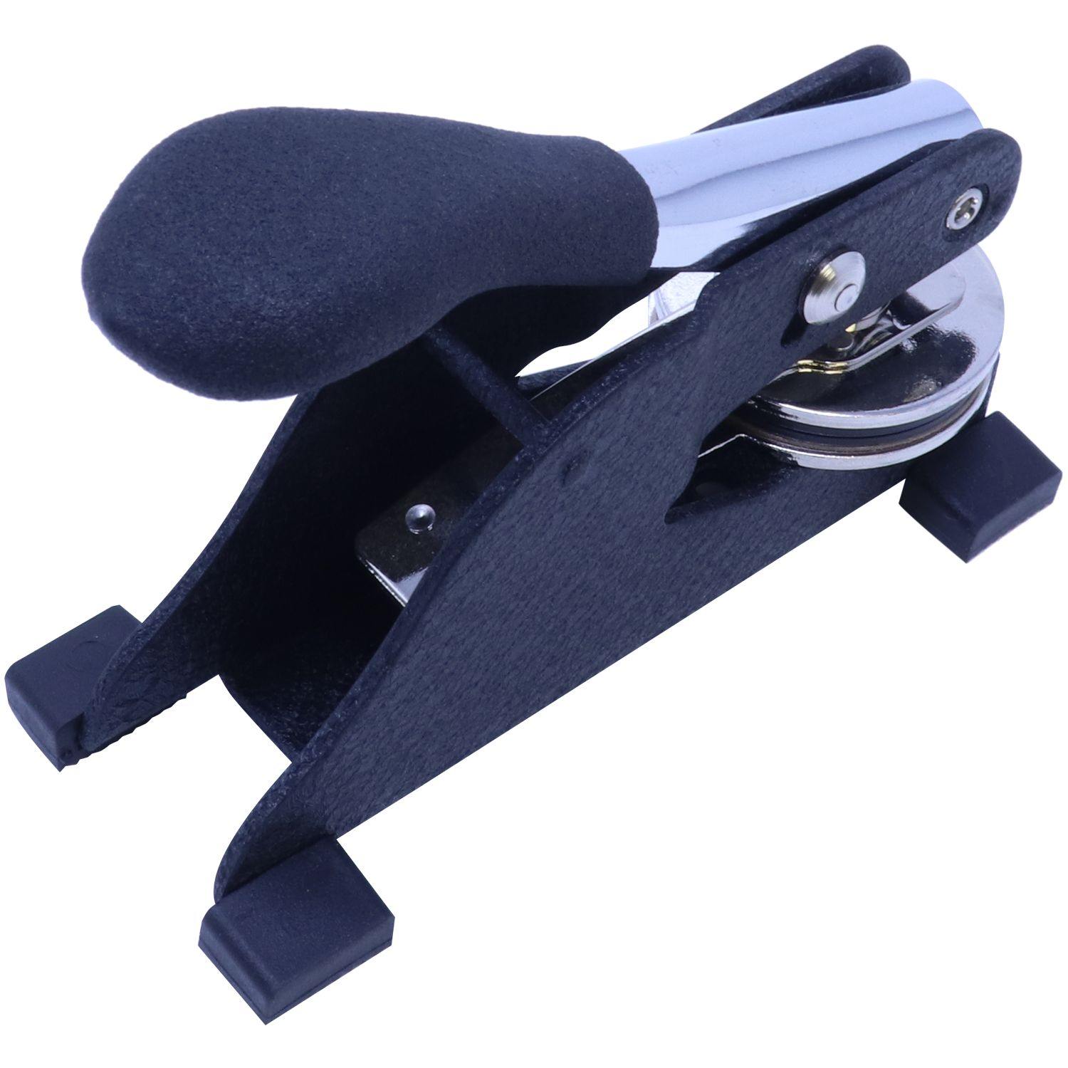 Land Surveyor Desk Seal Embosser with a black handle and metal components, angled right side view, placed on a white background.