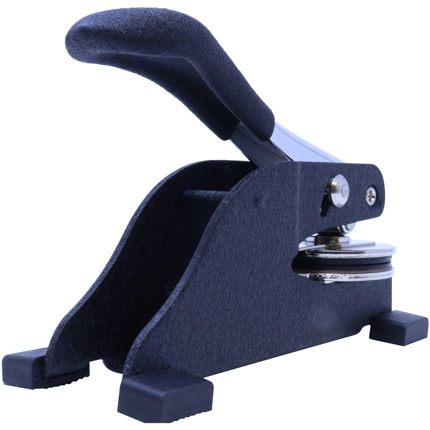 Real Estate Appraiser Desk Seal Embosser with a black handle and metal base, designed for imprinting seals on documents.