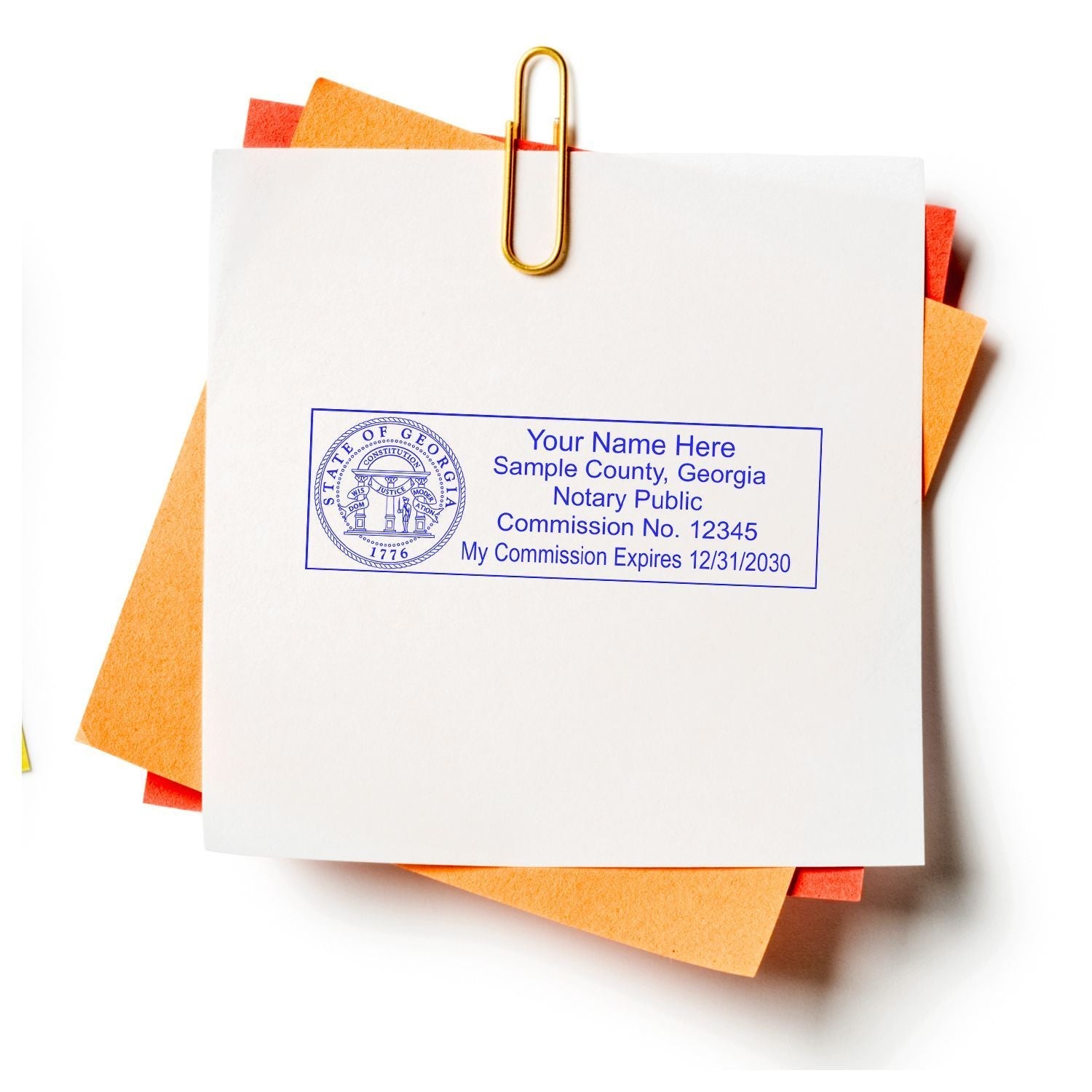 A Regular State Seal Notary Stamp imprint on a white paper, clipped with orange and yellow papers underneath.