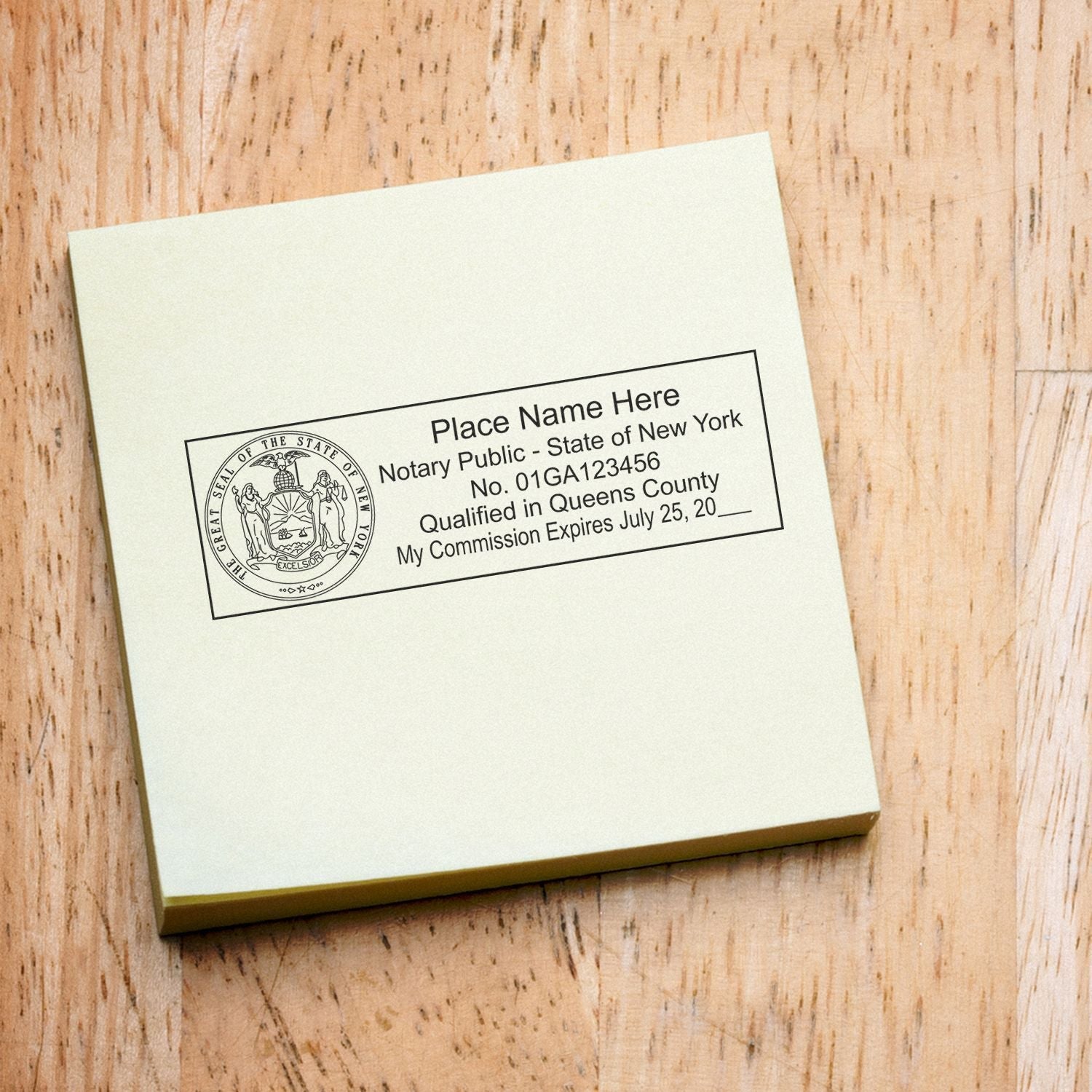 Super Slim Pre-Inked State Seal Notary Stamp imprint on a yellow sticky note, displaying a notary public seal and commission details.